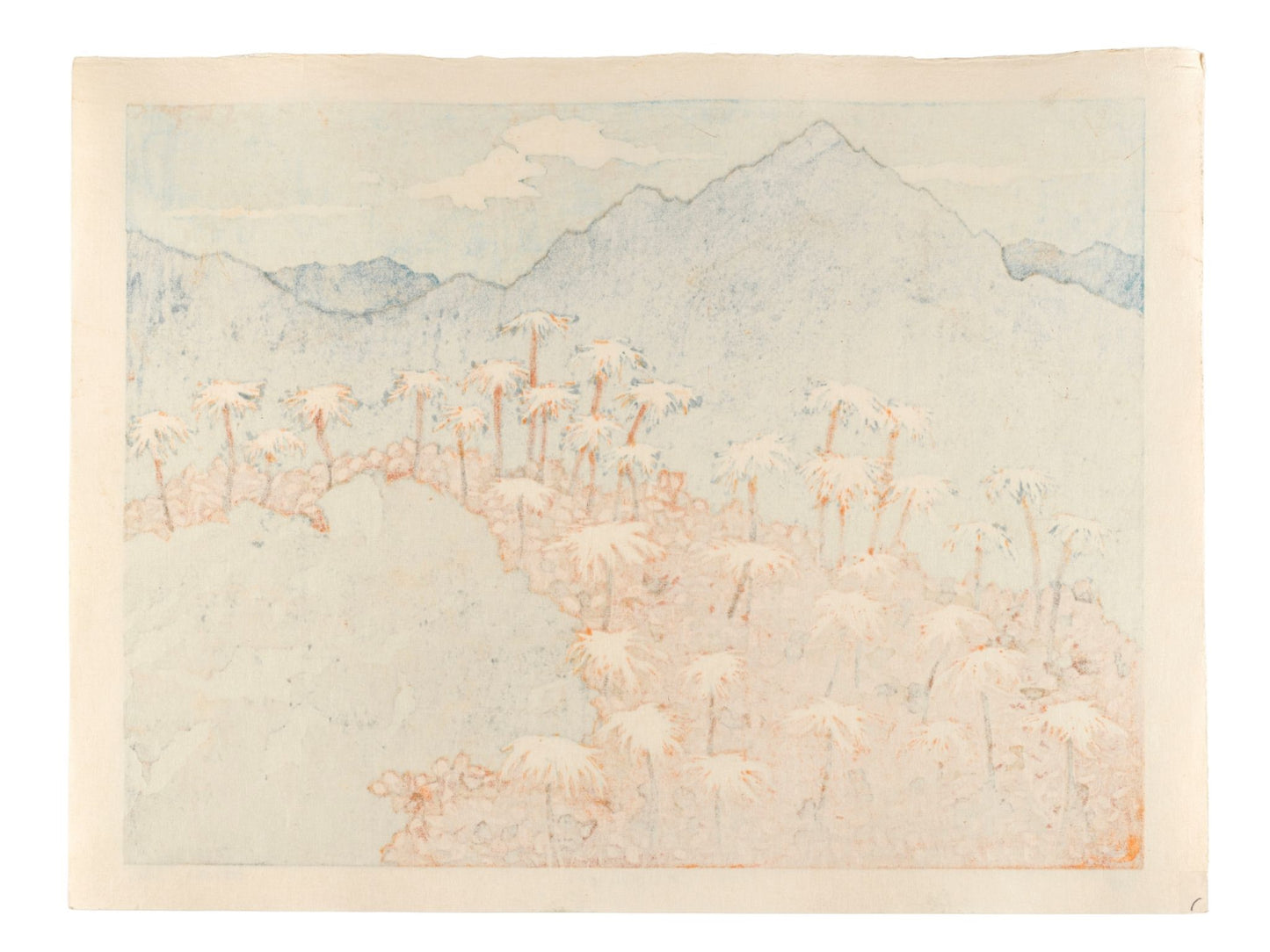 Estampe japonaise contemporaine de Ojima Satoru représentant une forêt rouge et des montagnes grise en arrière-plan. Dos estampe.