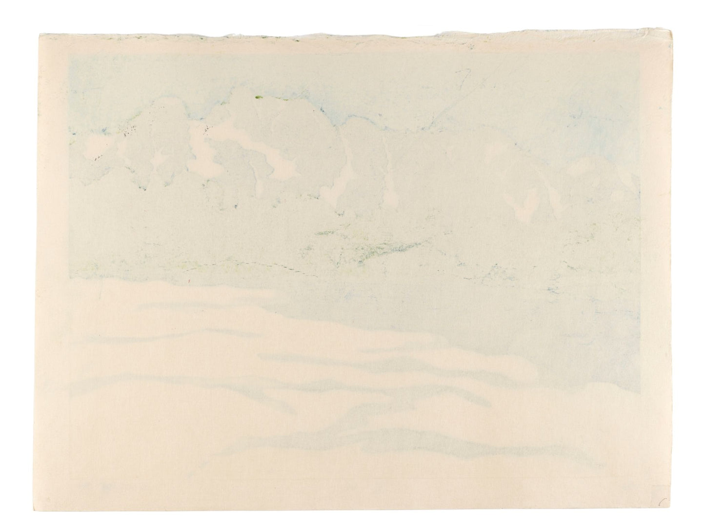 Estampe japonaise contemporaine de Ojima Satoru montrant le mont Tsurugi, une rivière et de la neige au premier plan. Au centre, un bandeau de verdure enlace les montagnes. Dos estampe.