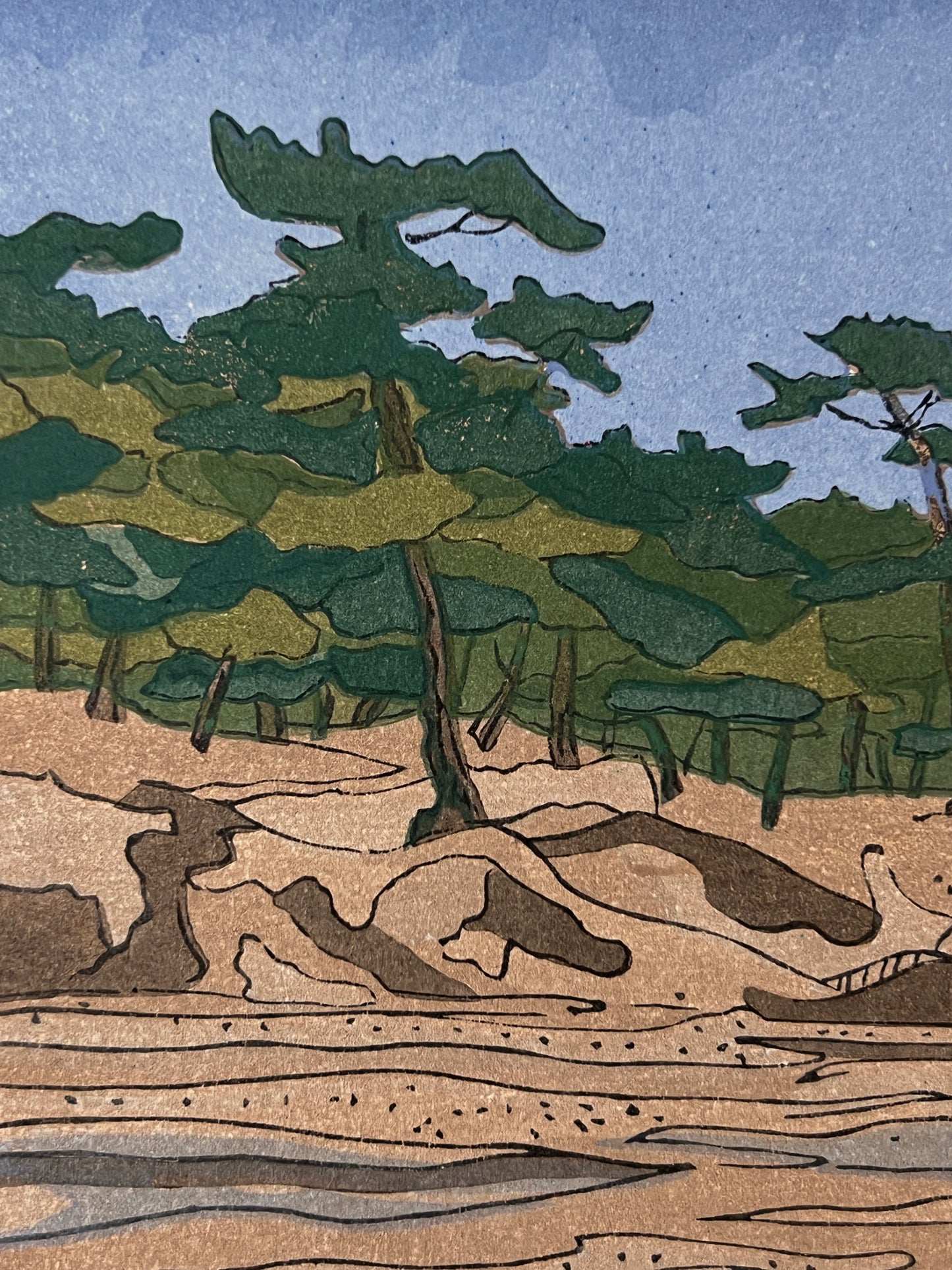 estampe japonaise Mont Fuji au lever du jour, mer et pin, la foret de pins