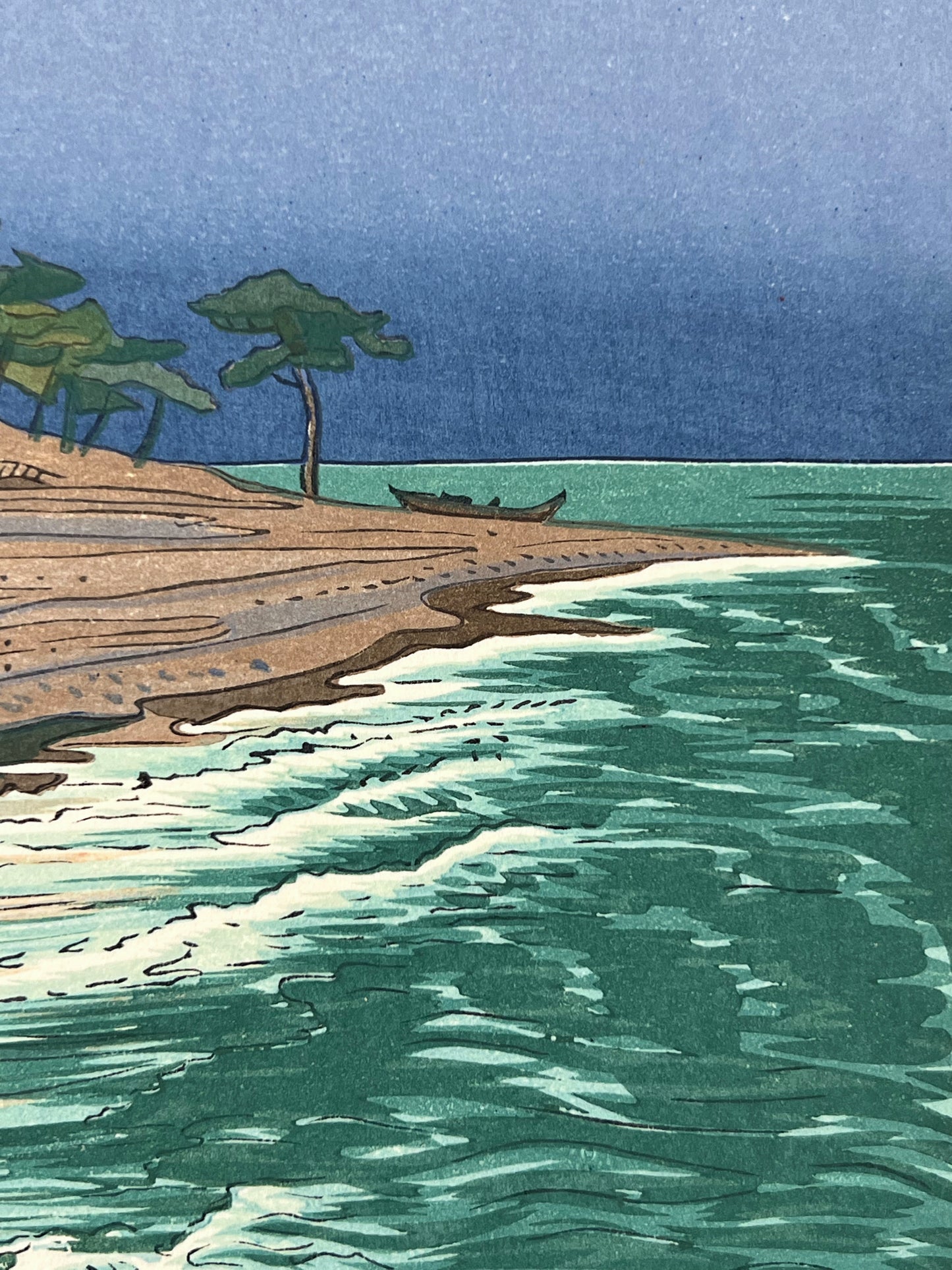 estampe japonaise Mont Fuji au lever du jour, mer et pin, la plage