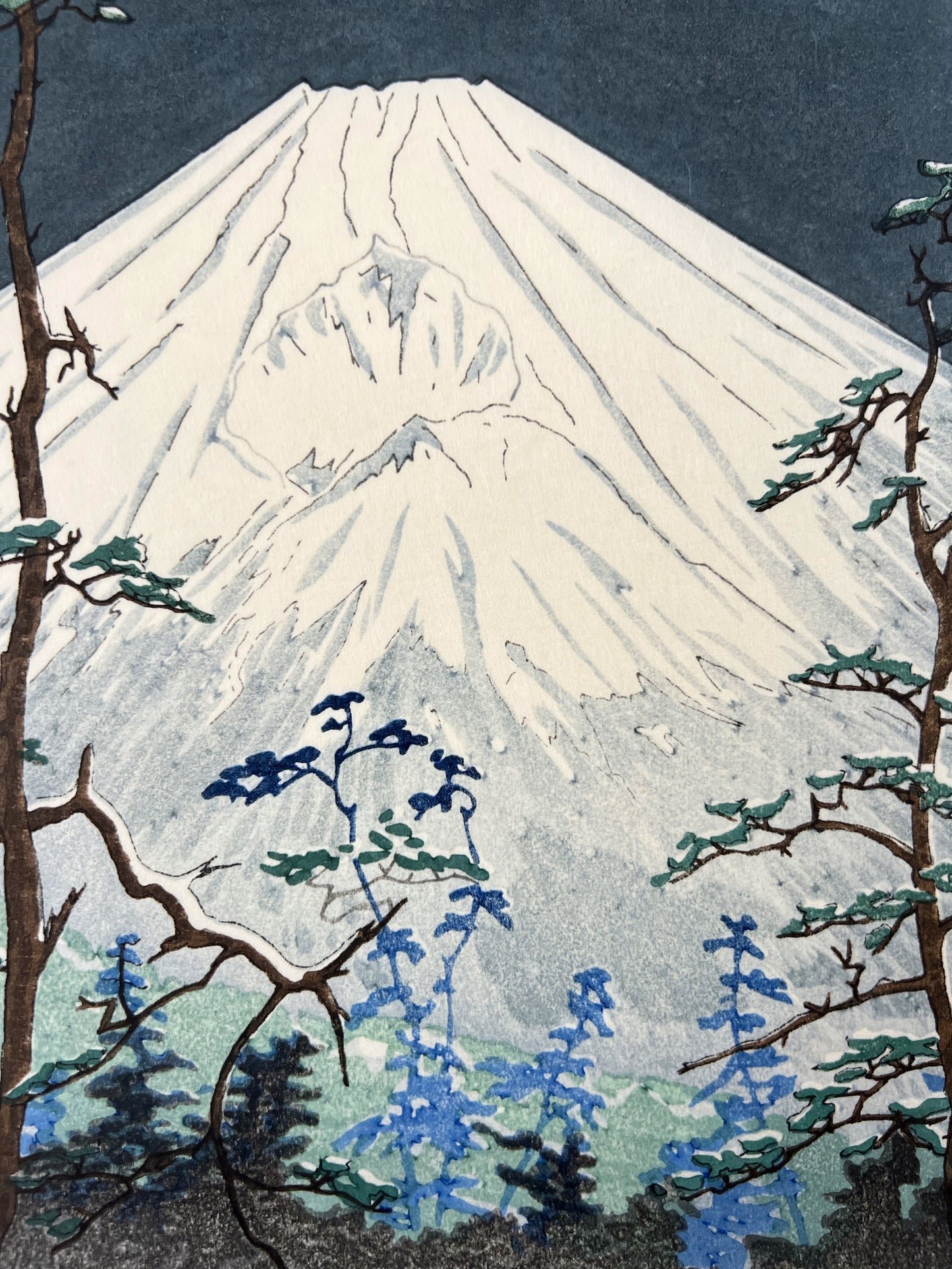 estampe japonaise Mont Fuji blanc dans le gris bleu sombre de la nuit, arbres bleus au premier plan, le sommet