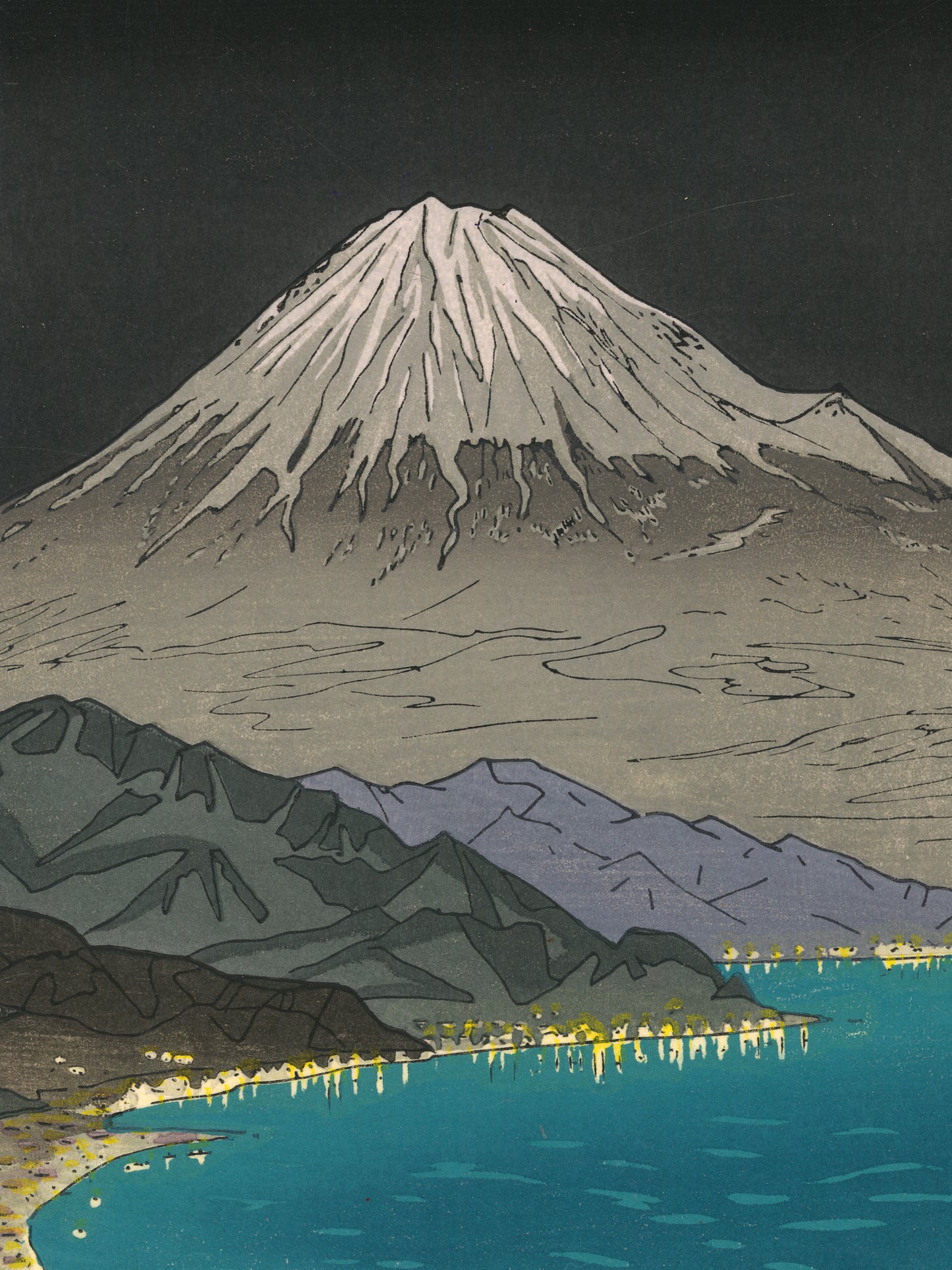 Estampe Japonaise de Okada Koichi, le Mont Fuji vu de Nihondaira la nuit