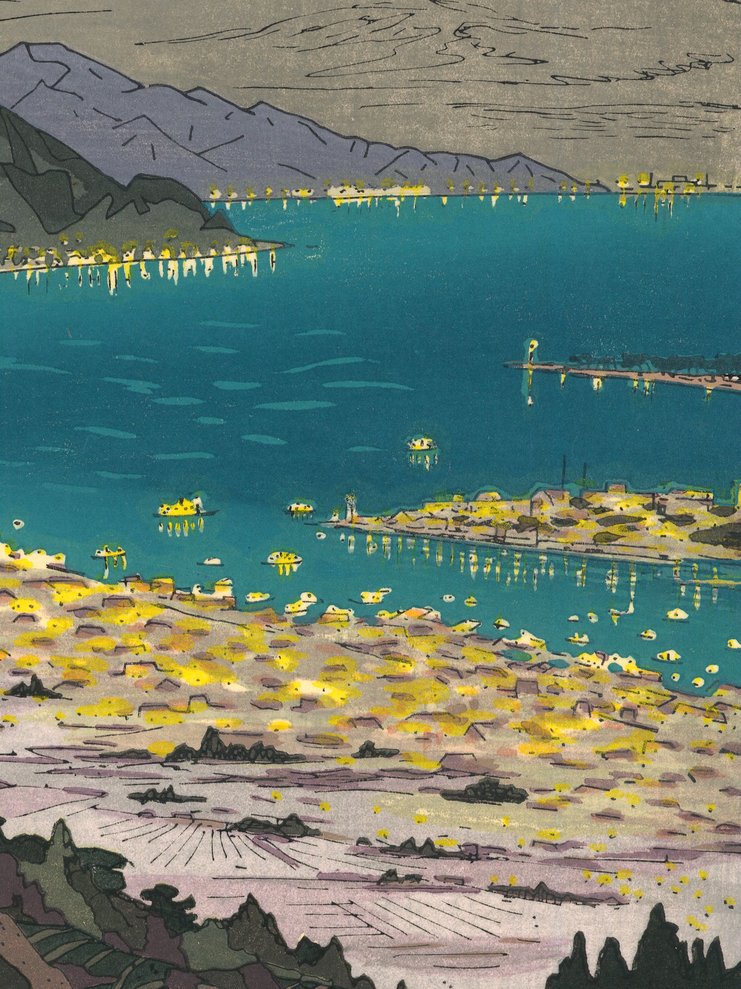 Estampe Japonaise de Okada Koichi, le Mont Fuji vu de Nihondaira la nuit