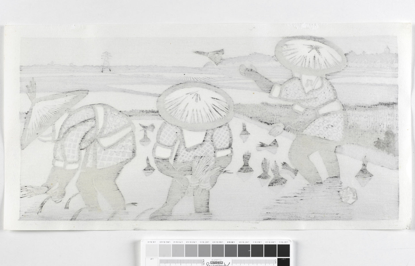 estampe japonaise en noir et blanc, trois oersonnes plantent du riz dans un paysage de rizières, dos de l'estampe