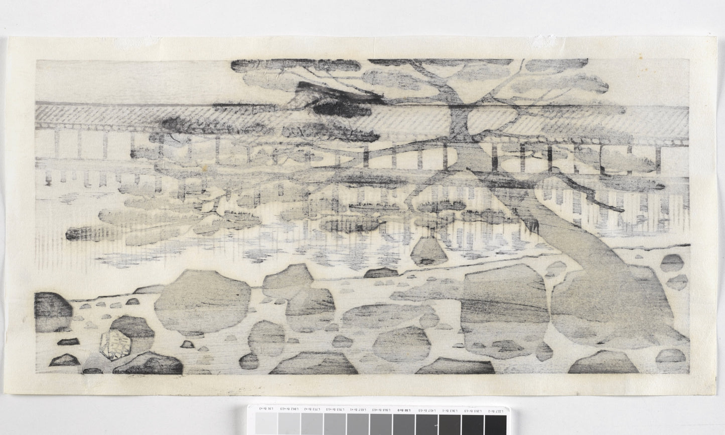 estampe japonaise contemporaine pin, jardin zen, étang, terrasse temple, dos de l'estampe