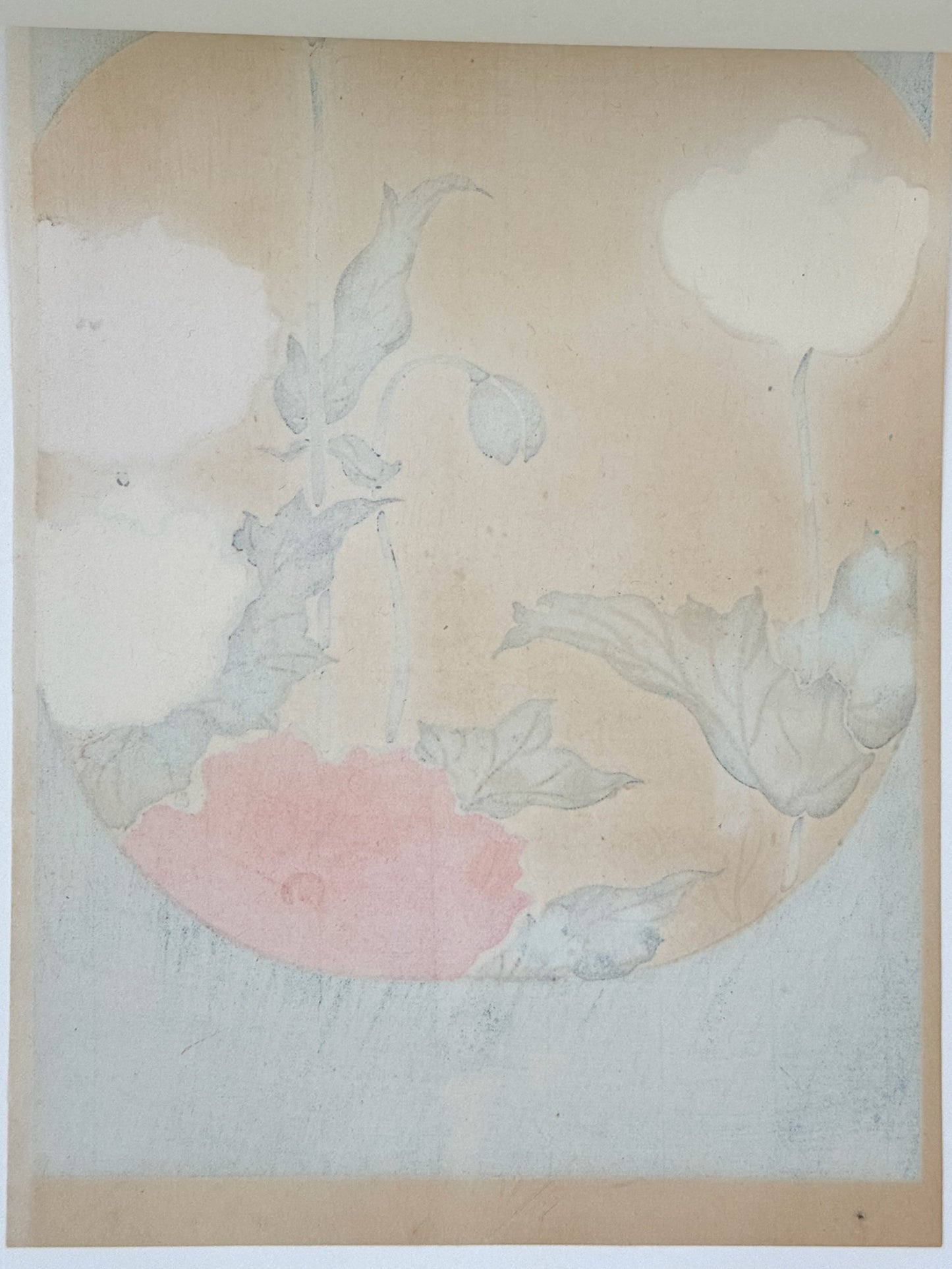 estampe japonaise école Rinpa, fleurs de pavots sur forme uchiwa sur fond vert maki-e forme éventail, verso