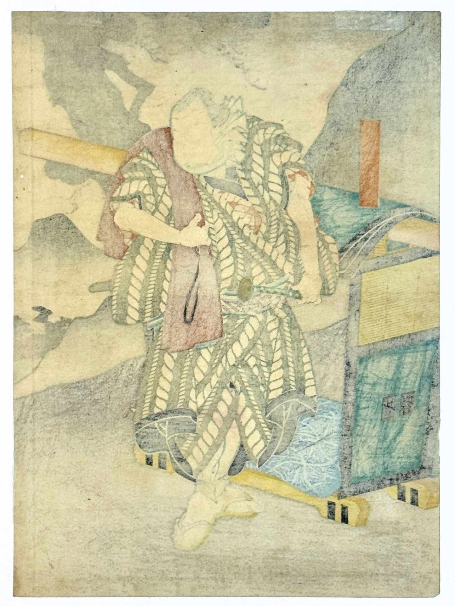 Estampe Japonaise de Sadanobu représentant l'acteur de kabuki Nakamura Shikan II dans le rôle de Danshichi Kurobei, debout devant une chaise à porteur, le verso