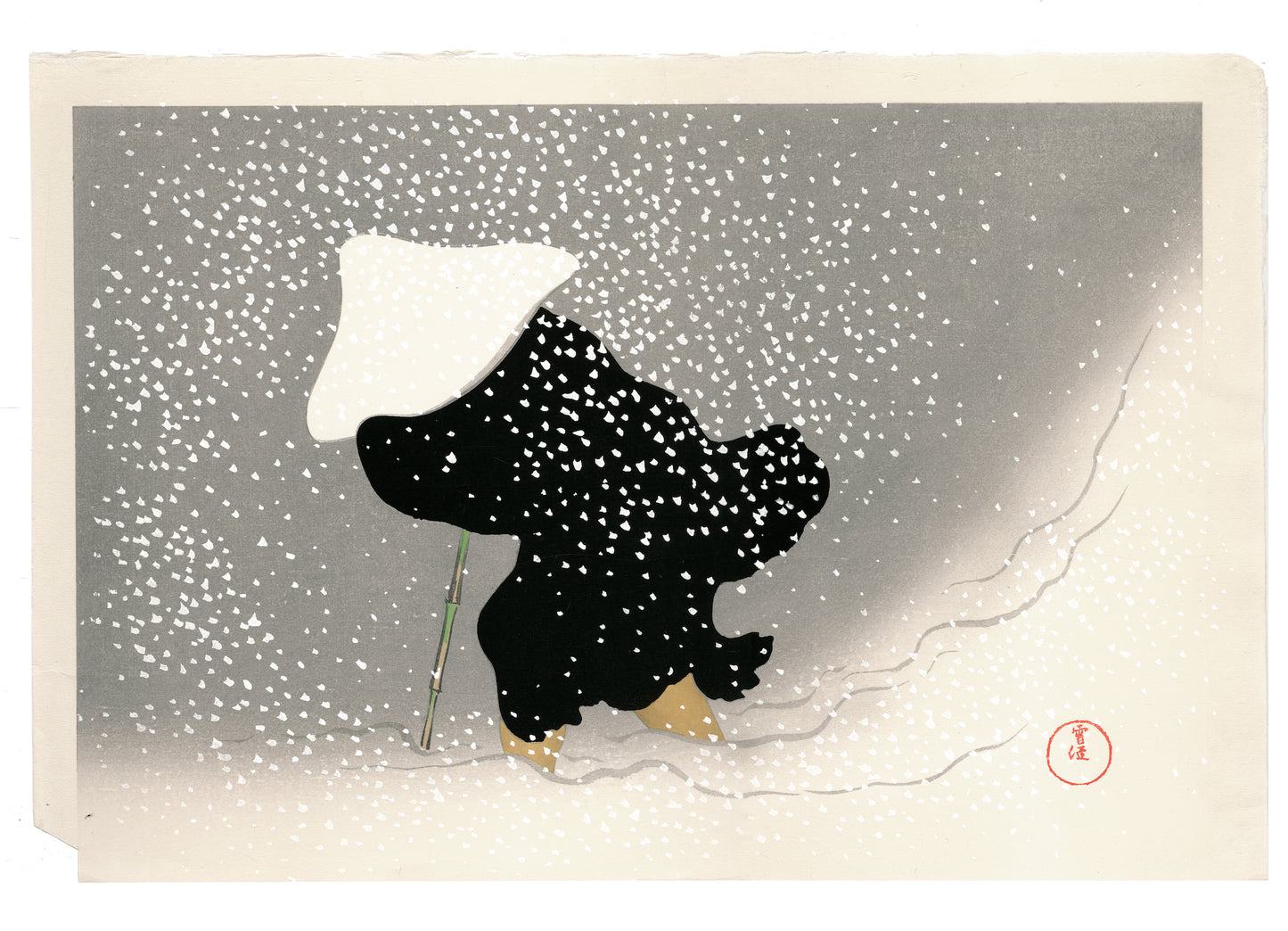 estampe japonaise de Kamisaka Sekka, un moine avec chapeau et baton traverse une tempête de neige