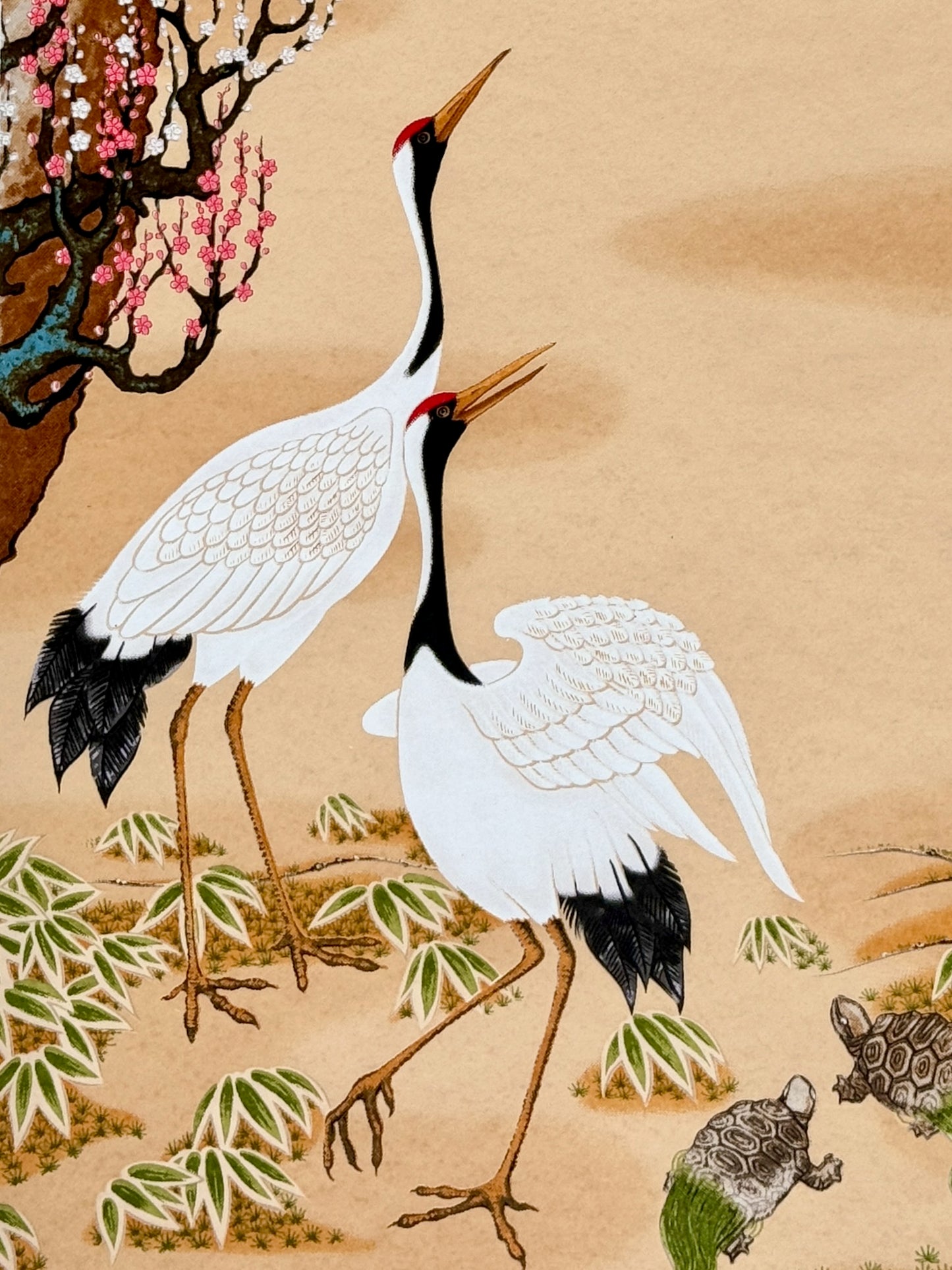Sérigraphie japonaise de deux grues et deux tortues face au soleil levant.