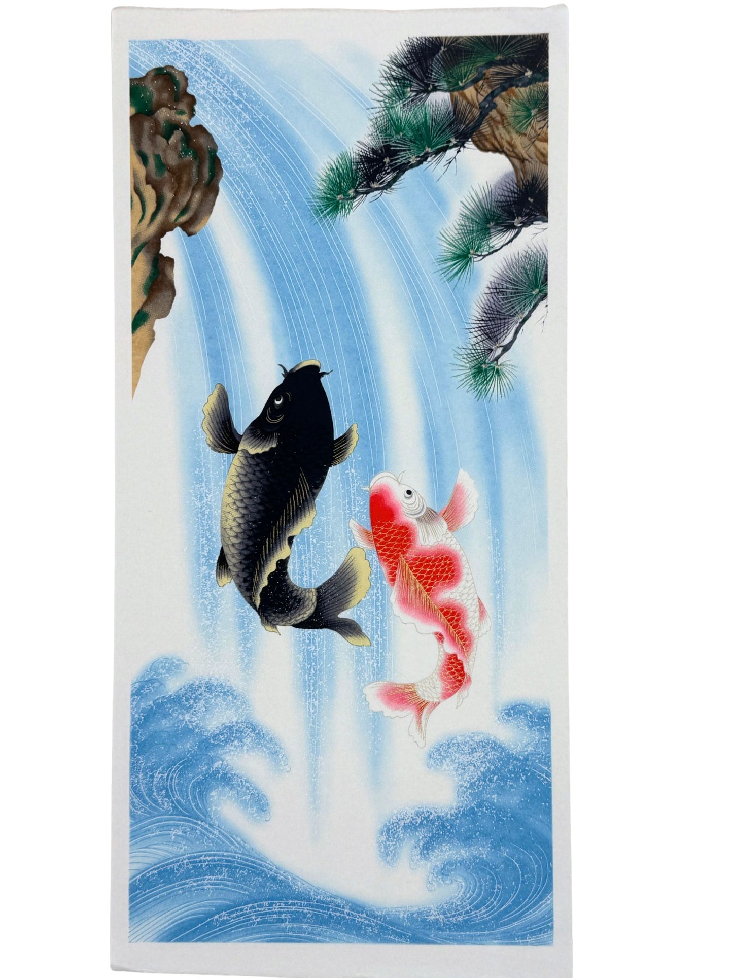 Sérigraphie artisanale japonaise de deux carpes koï sautant une cascade