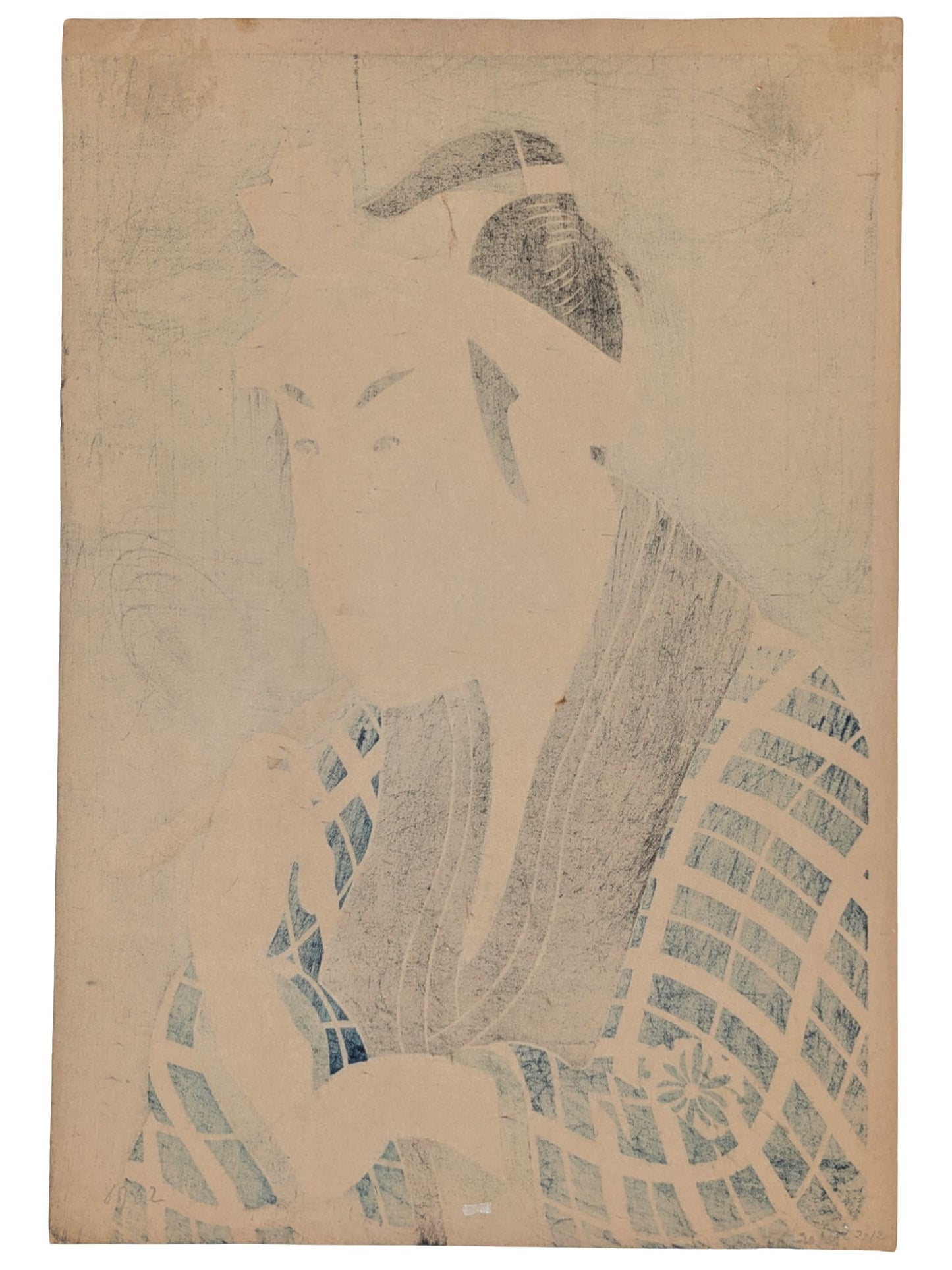 Estampe japonaise de Sharaku Toshusai d'un acteur de Kabuki fumant la pipe. Kimono à carreaux bleu marine. Dos estampe.