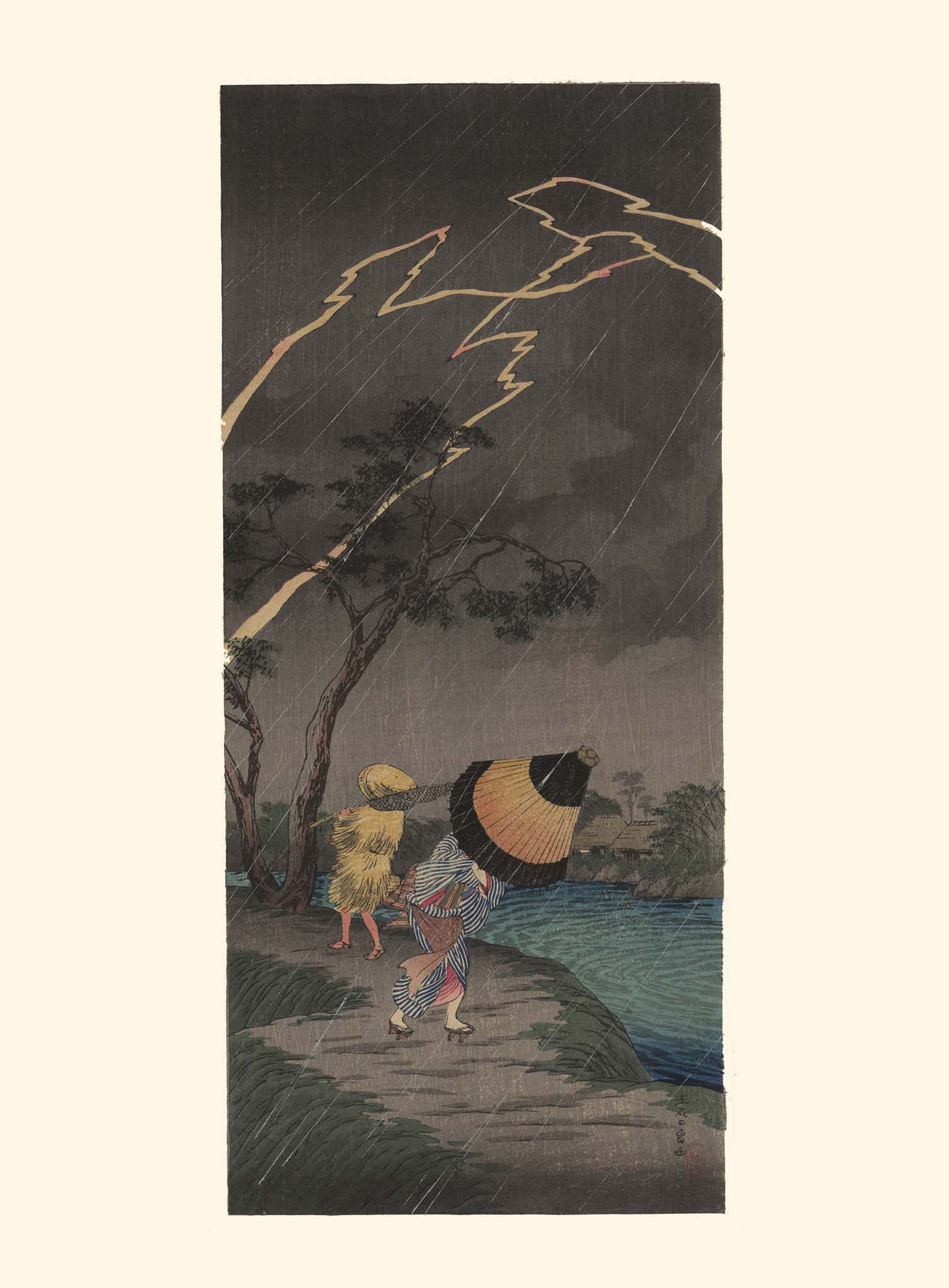 Estampe Japonaise d'une scène d'orge, deux personnes sous des parapluies sous la pluie, tonnerre au lin