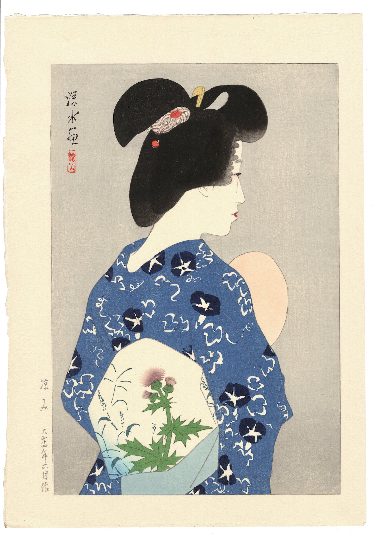estampe japonaise de Shinsui ito, femme vu de dos, avec kimono bleu et ceinture obi avec motif de fleur