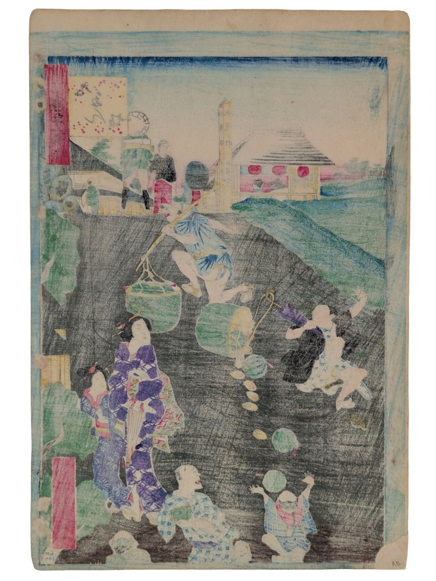 Estampe japonaise de shosai ikkei une scène comique d'un vendeur de fruits laissant tomber ses pastèques. Dos estampe.