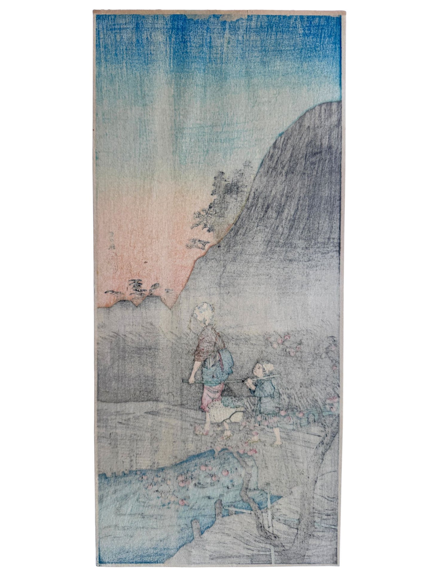 Estampe japonaise de Shōtei représentant une femme et son enfant traversant un pont en automne au crépuscule, le verso