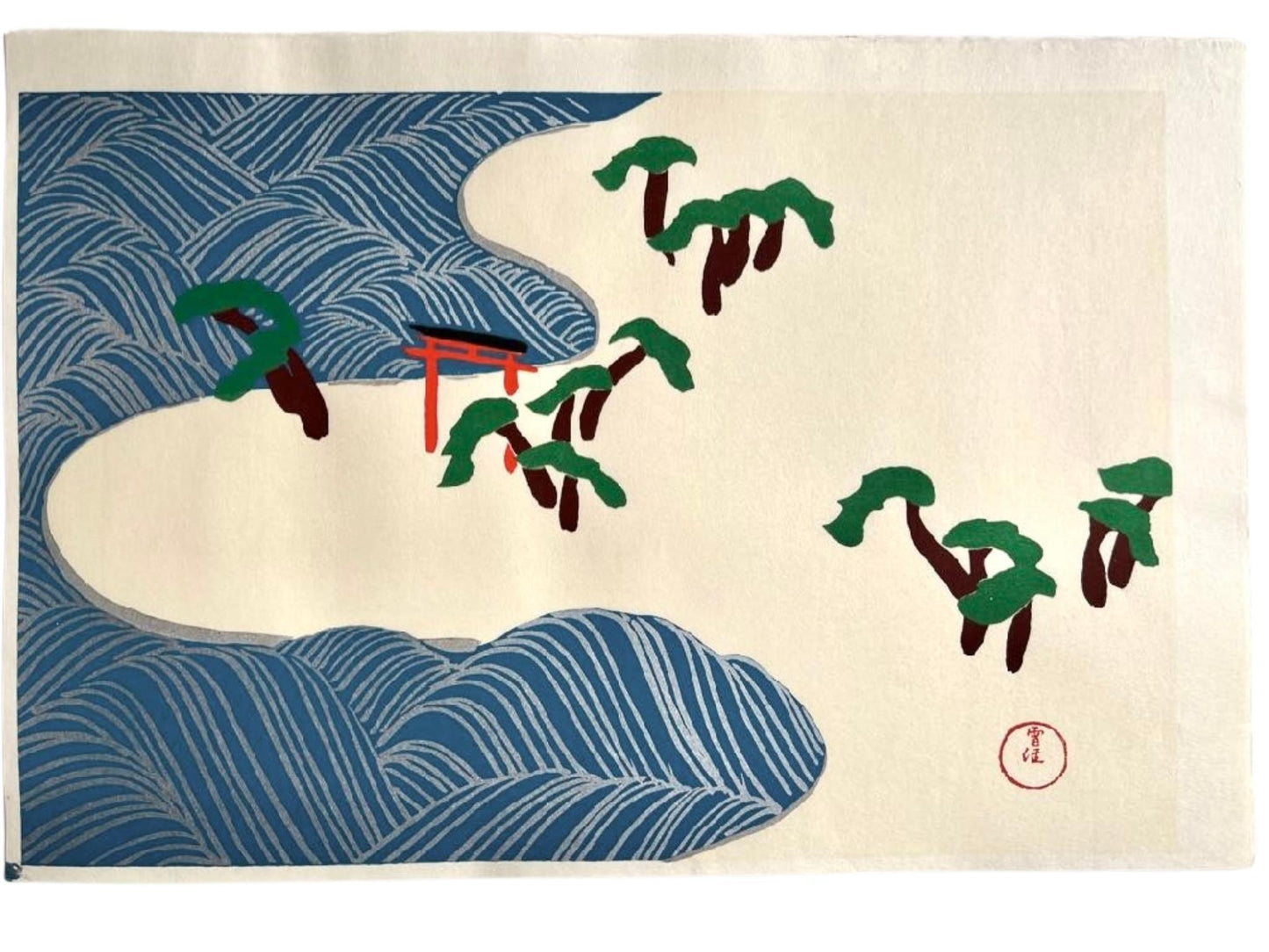 estampe japonaise de Kamisaka Sekka suminoe mer torii et pins