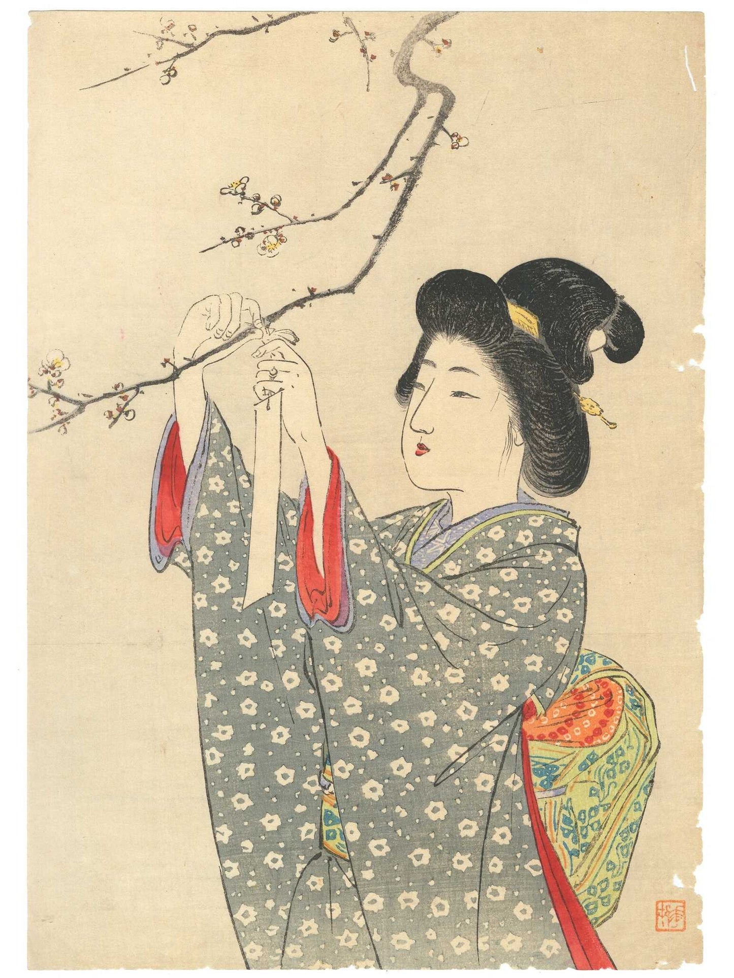 Estampe japonaise de Suzuki Kason montrant une femme en kimono fixant un vœu sur une branche de prunier en fleurs.