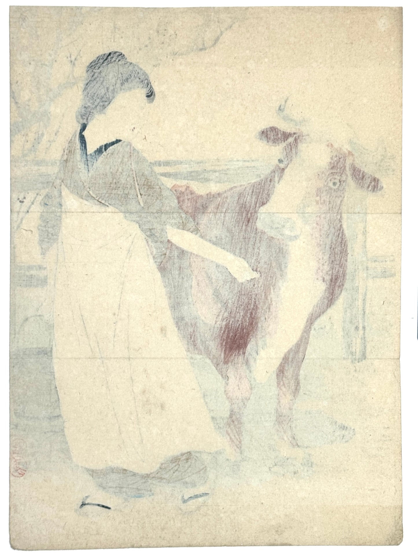 Estampe japonaise kuchi-e de Takeuchi Keishû représentant une jeune fermière et une vache, le verso