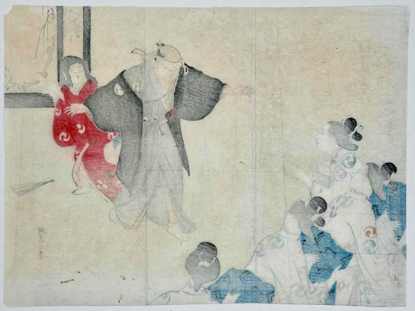 Estampe Japonaise kuchi-e de Mizuno Toshikata, jeu de colin-maillard avec enfants en kimono, le verso