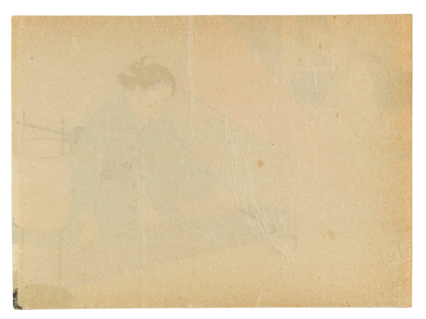 Estampe japonaise de Mizuno Toshikata montrant une femme en kimono jouant du koto sous une lanterne, dans une scène d’intérieur paisible, le verso