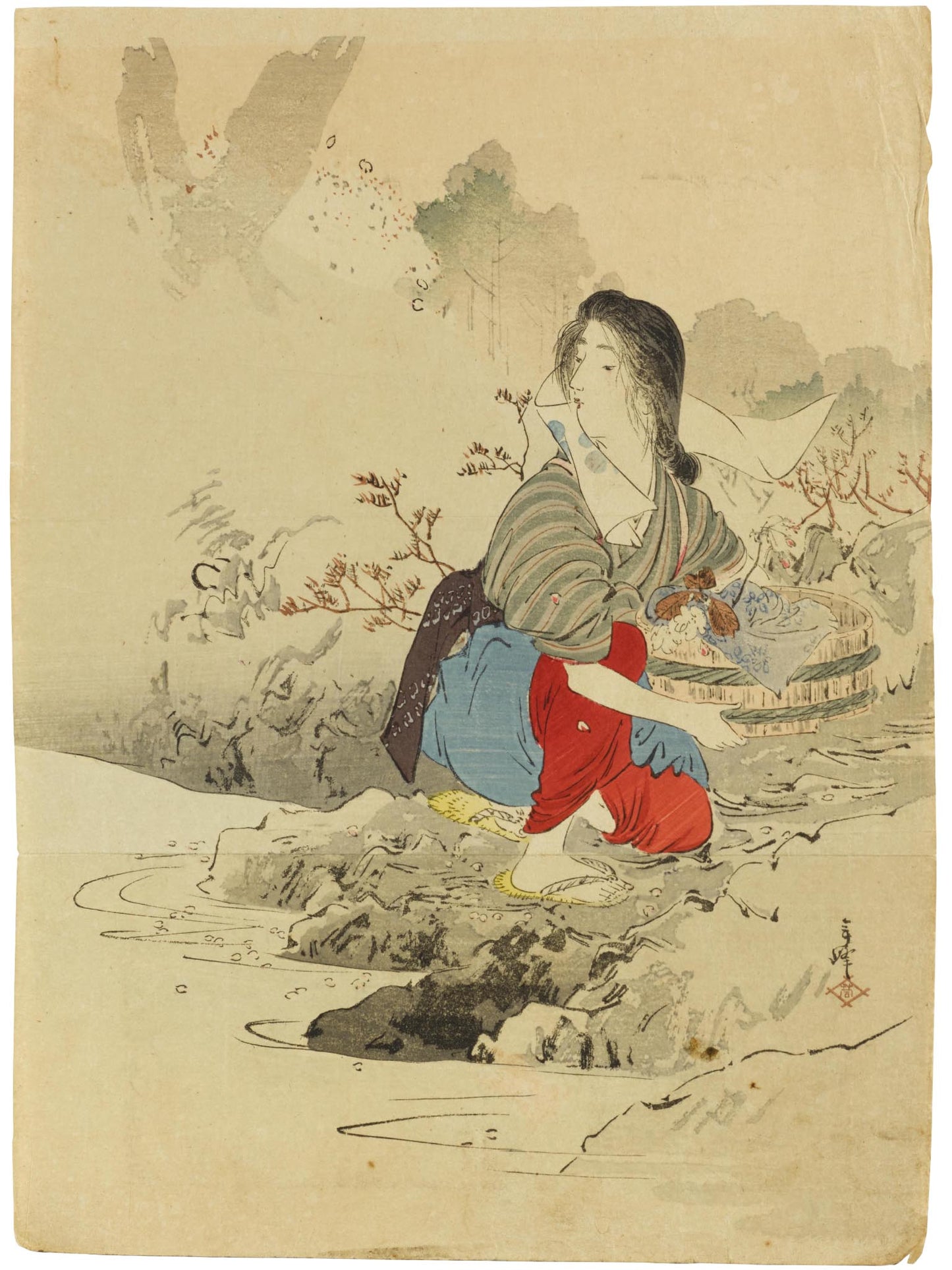 Estampe japonaise de Toshimine représentant une femme au bord d’une rivière, en kimono de travail, accroupie avec un panier dans les bras.