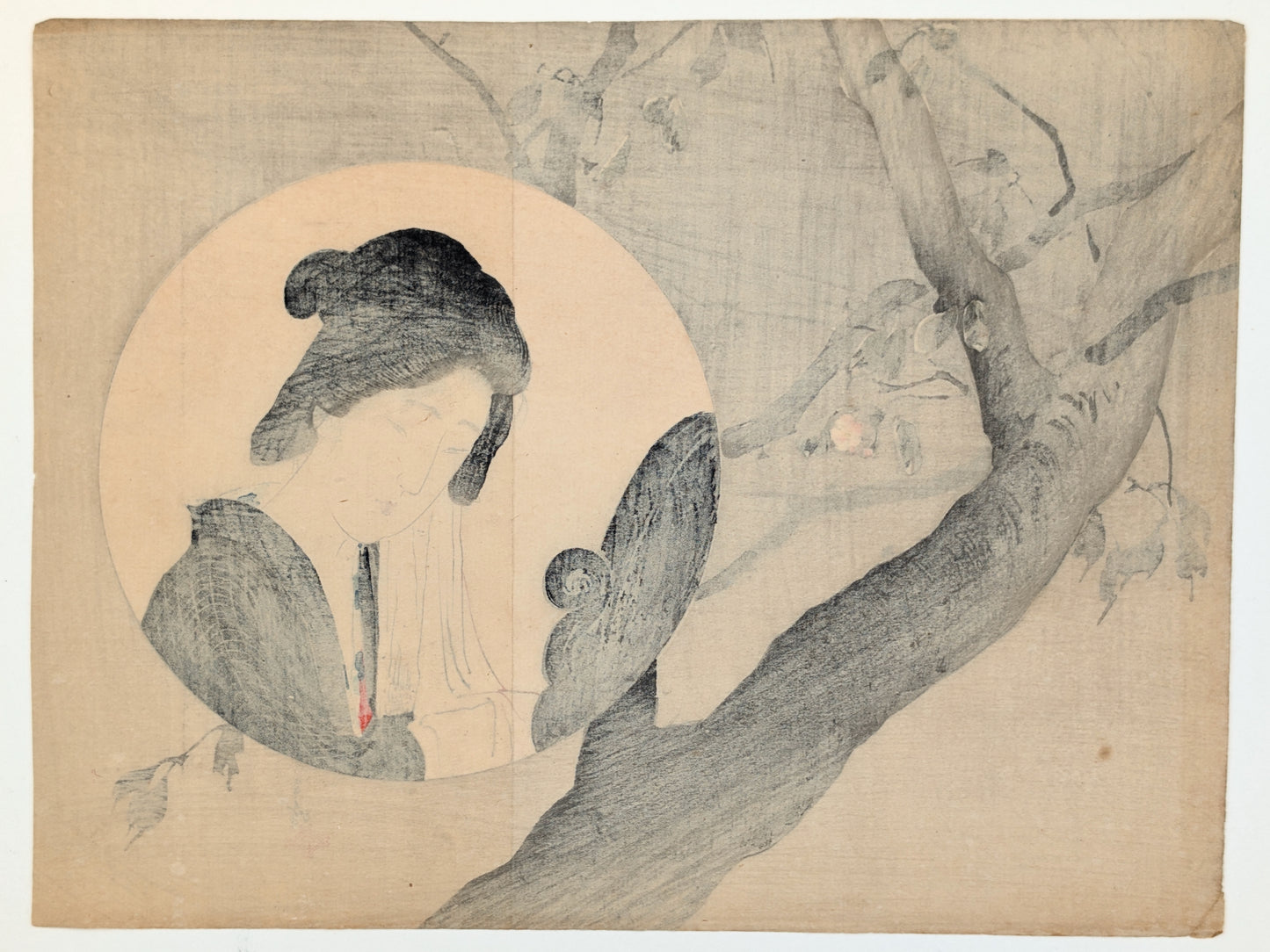 Estampe japonaise Second Bloom par Toshimine Tsutsui : femme en médaillon devant branche de cerisier. Dos estampe.