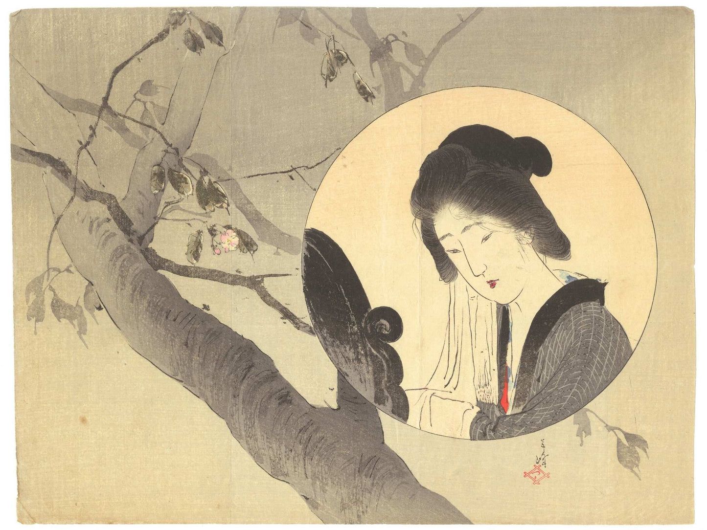 Estampe japonaise Second Bloom par Toshimine Tsutsui : femme en médaillon devant branche de cerisier.