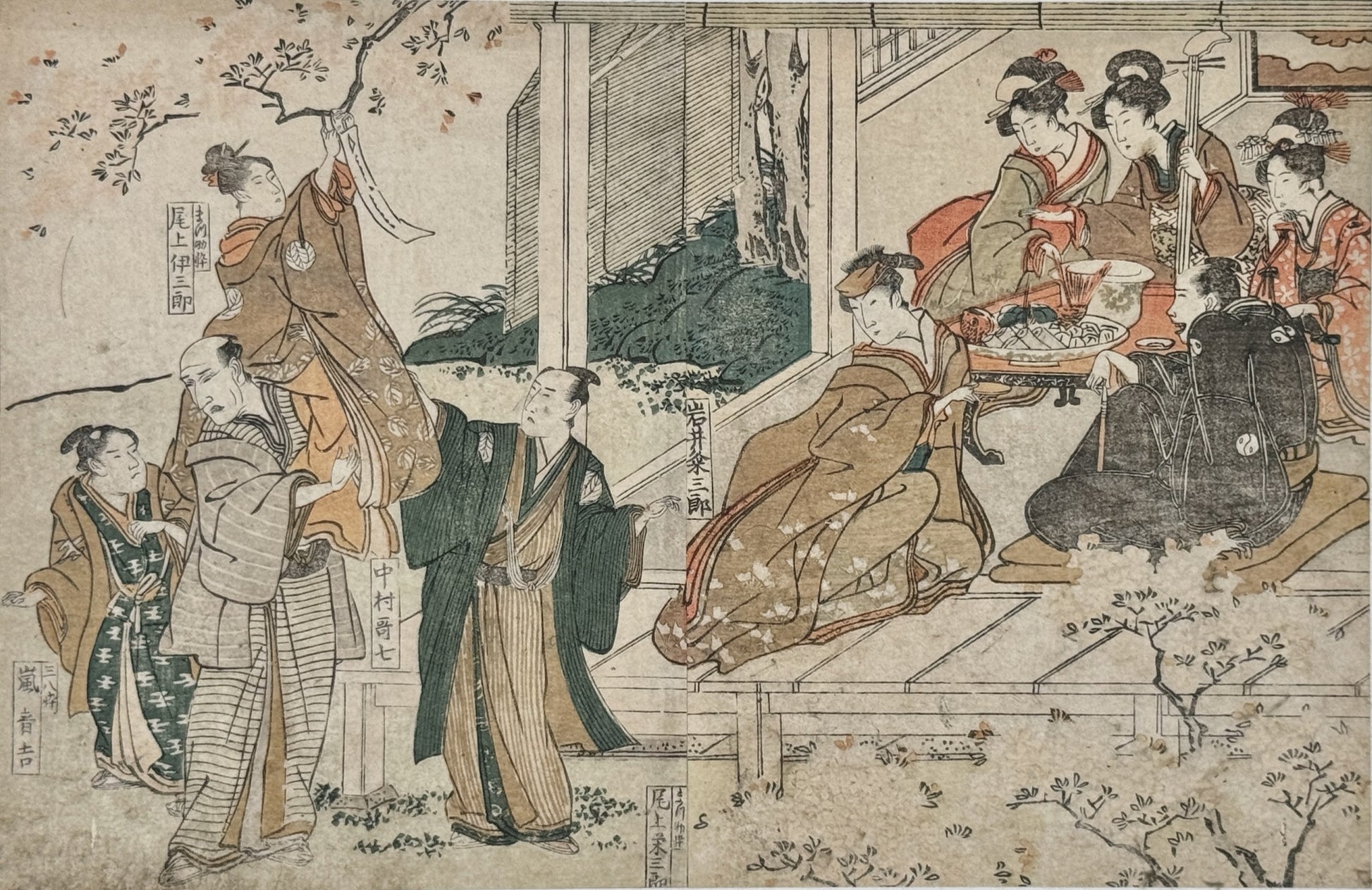 estampe japonaise de Toyokuni Utagawa, courtisanes et hommes assis sur une terrasse autour d'un plat de poisson,  courtisane accrochant un voeu sur la branche d'un cerisier, porté par un homme.