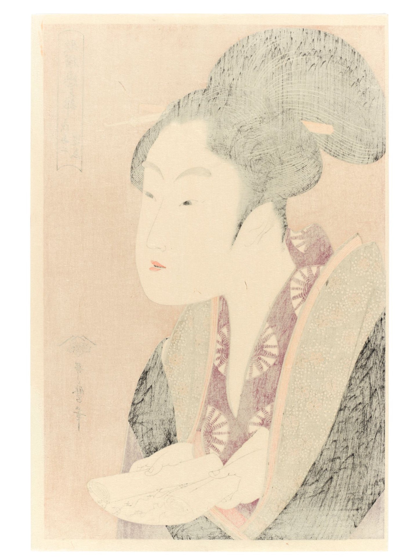 Estampe japonaise de Utamaro, portrait d’une femme tenant une lettre d’amour dans ses mains, le verso de l'estampe