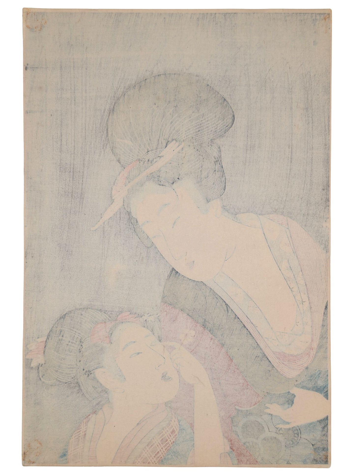 Estampe japonaise d’Utamaro montrant une mère parlant à sa fille qui tire sa paupière en souriant, le verso de l'estampe