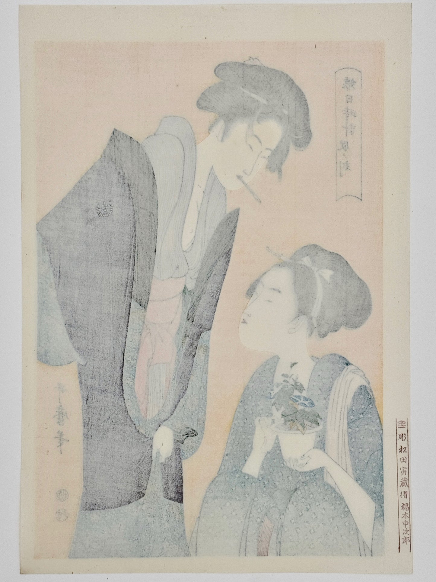 estampe japonaise utamaro deux femmes en kimono fleurs bleues dos