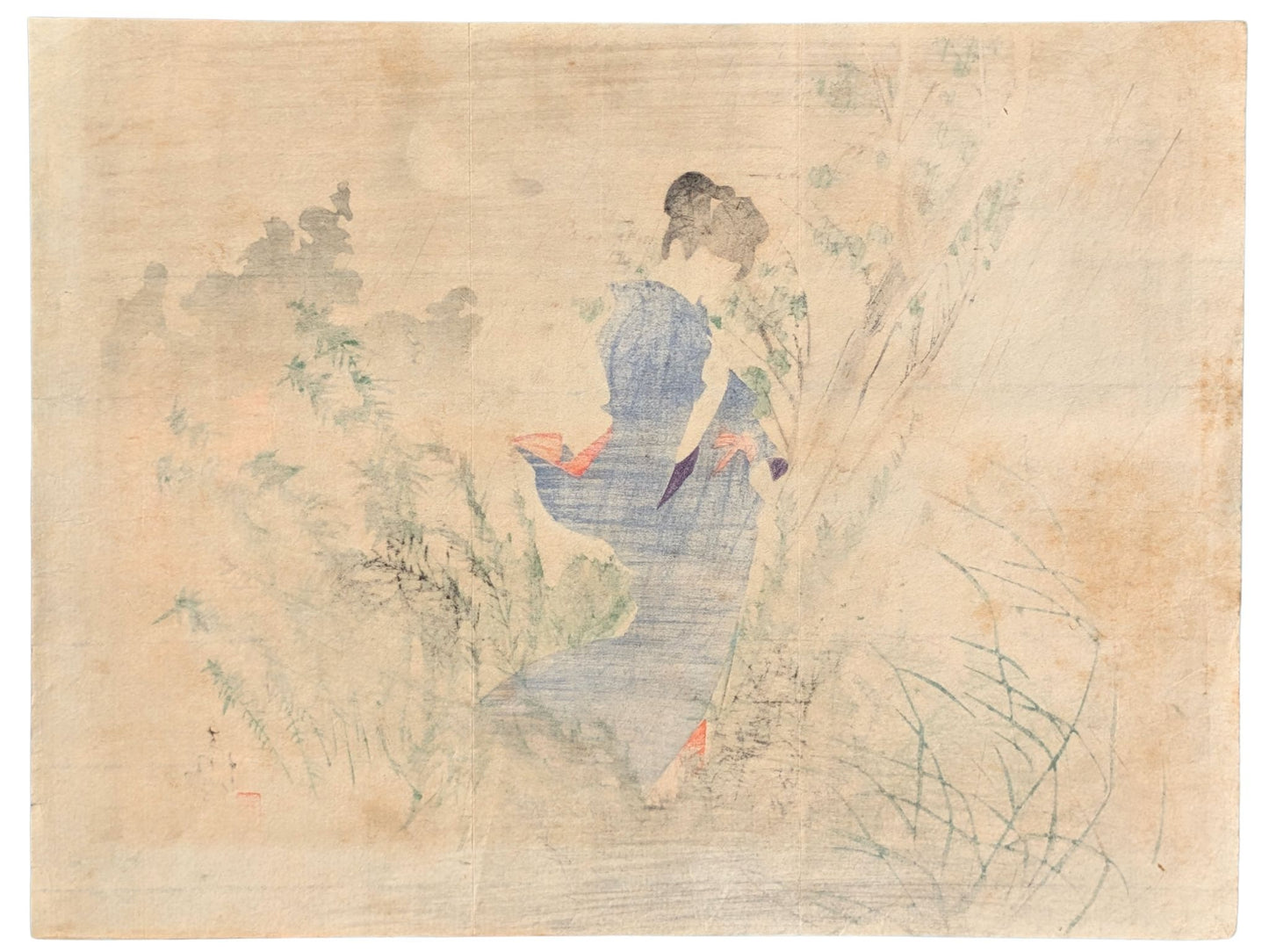 Estampe japonaise de Yamanaka Kōdō représentant une femme en kimono bleu marchant sous la pluie d’automne, entourée de végétation. Dos estampe.