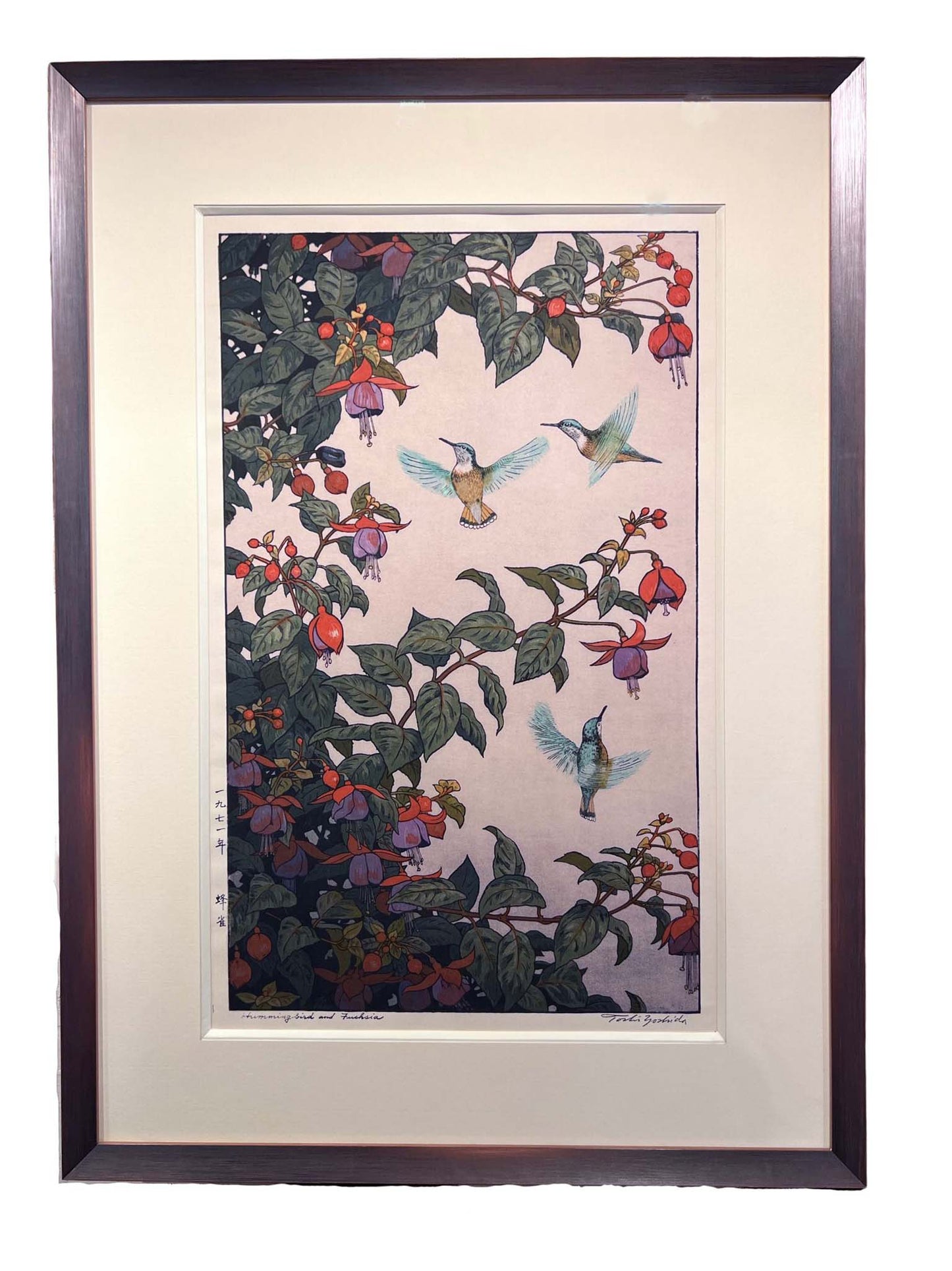 Estampe Japonaise Encadrée de Yoshida Toshi | Colibris et Fushias