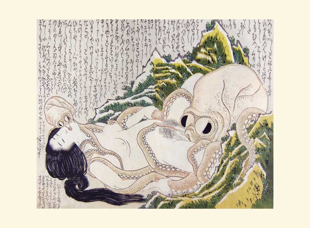 estampe japonaise une pieuvre entoure une femme nue allongée avec ses tentacules et lui donne du plaisir, sa bouche collée sur le sexe de la femme