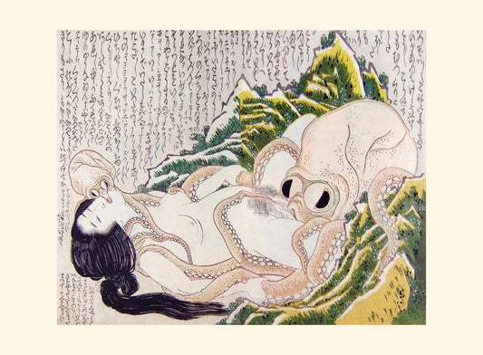 estampe japonaise une pieuvre entoure une femme nue allongée avec ses tentacules et lui donne du plaisir, sa bouche collée sur le sexe de la femme