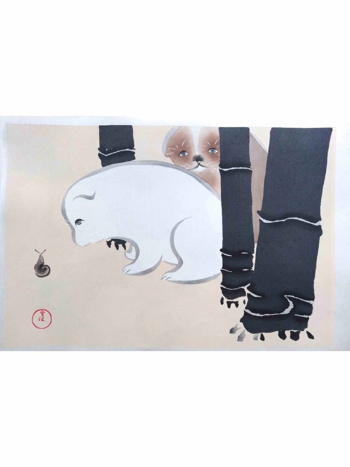 Estampe japonaise de kamisaka sekka Deux Chiots regardent un escargot au pied de bambous