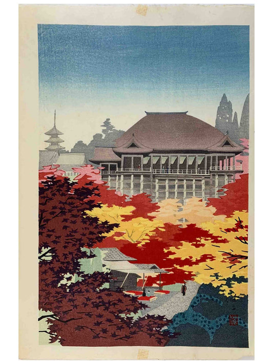estampe japonaise de kawai kenji kiyomizu a l'automne face