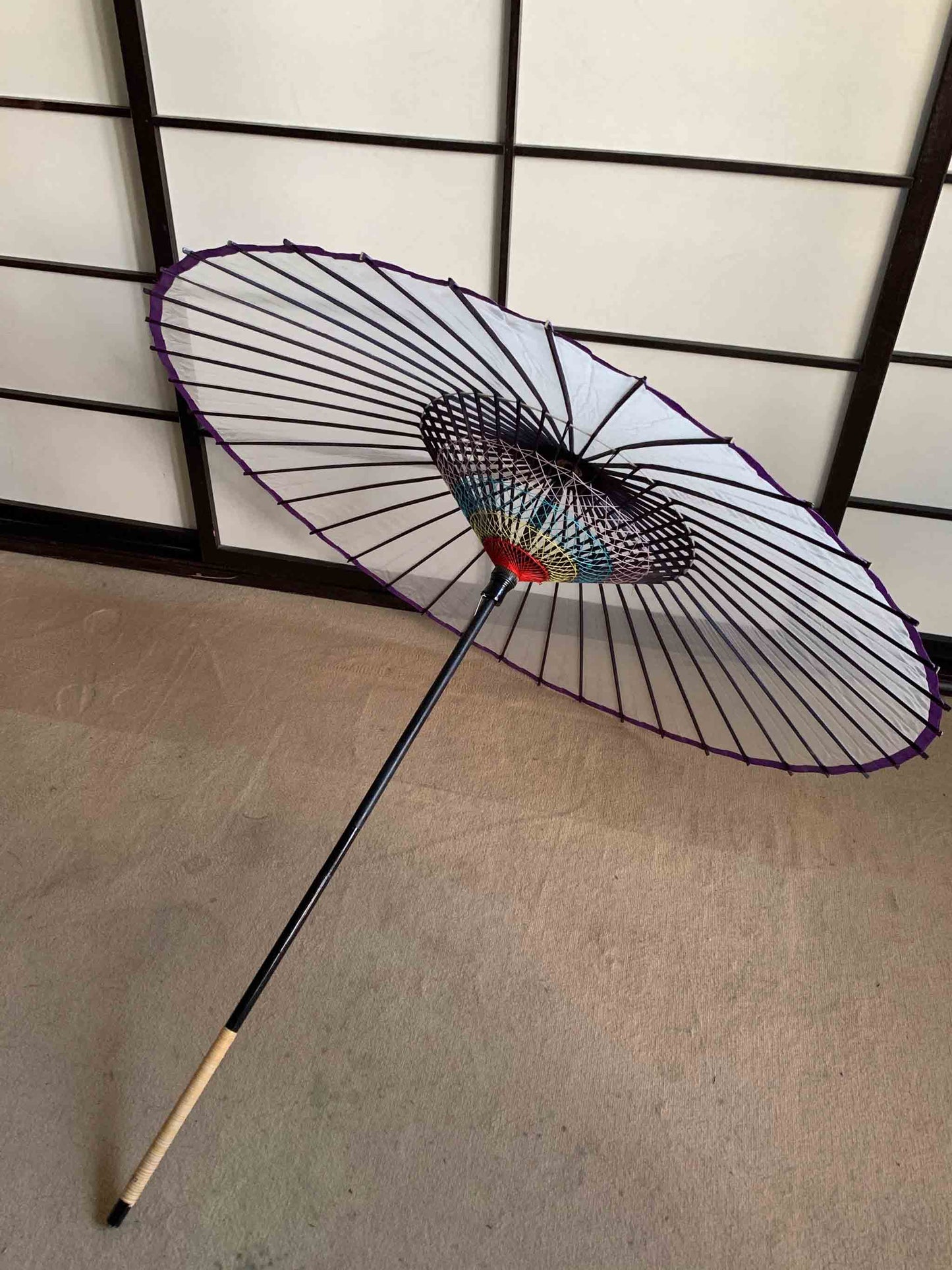 Parapluie traditionnel japonais kyowagasa en tissu transparent et bordures violettes
