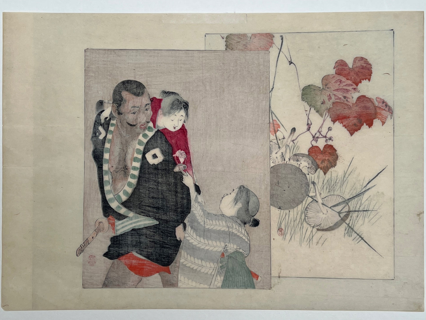 estampe japonaise un homme porte un enfant sur son dos, un autre enfant lui tendant un champignon, dos de l'estampe