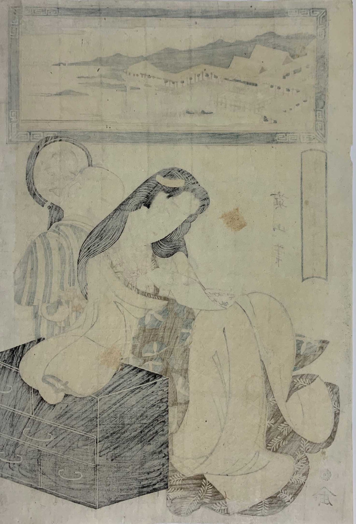 estampe japonaise de femme assise son enfant faisant des grimaces devant un miroir, dos de l'estampe