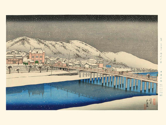 estampe japonaise d'un paysage de neige, le pont Senjo menant à Kyoto