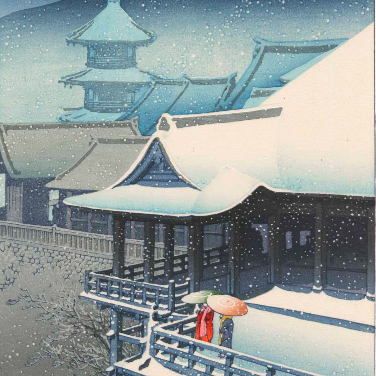 estampe japonaise paysage, neige tombant sur le temple kiyomizu à Kyoto avec deux personnes sous des parapluies de couleurs vives