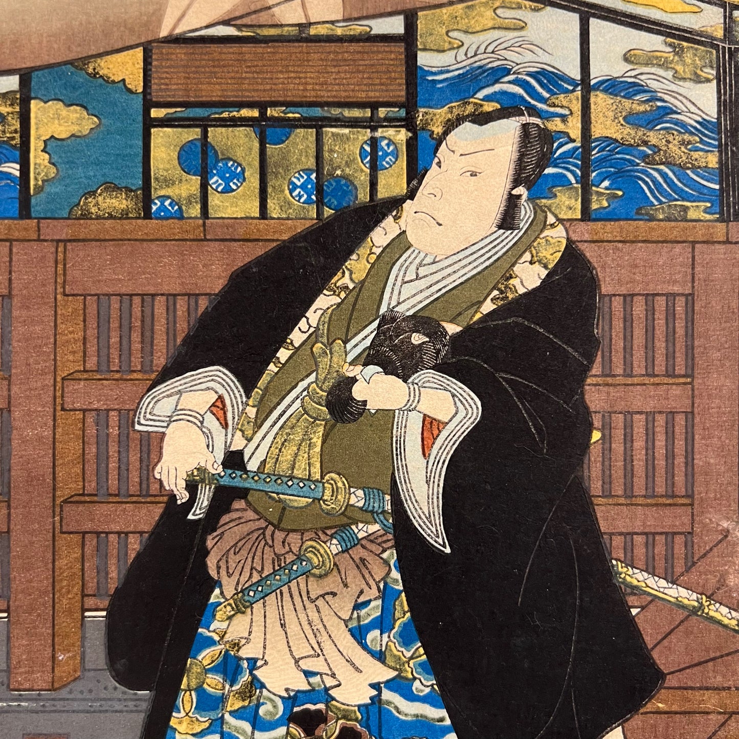 estampe japonaise école d'Oska, portrait d'acteur de Kabuki., gros plan sur le visage