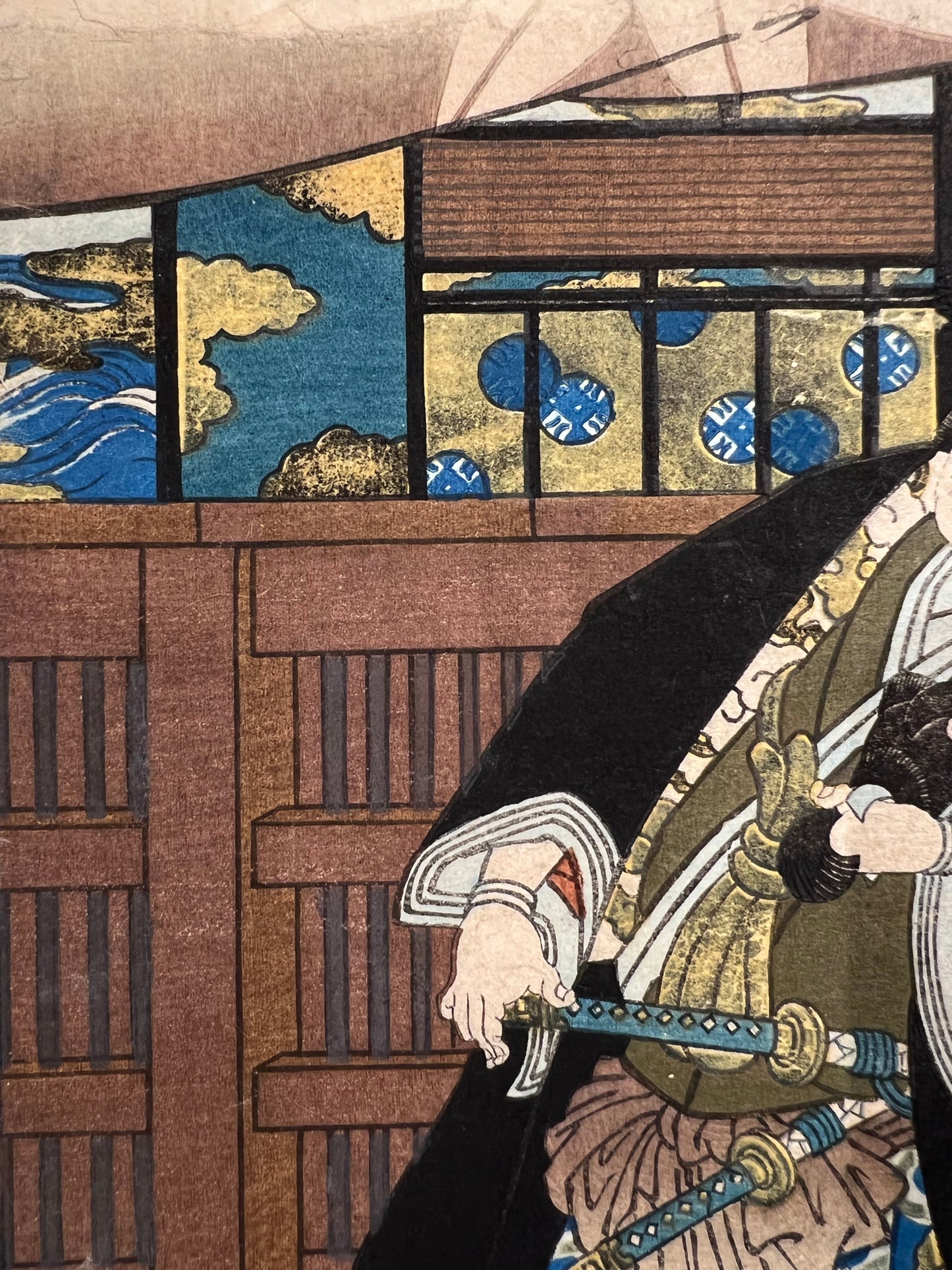 estampe japonaise école d'Oska, portrait d'acteur de Kabuki., gros plan sur la main tenant un sabre