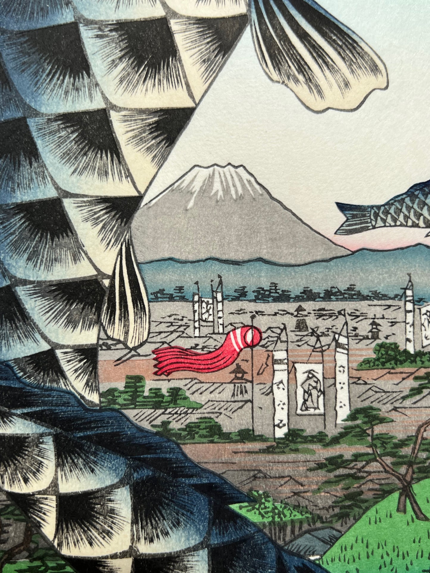  estampe japonaise carpe koi en banniere, le mont Fuji et le quartier des samouraïs