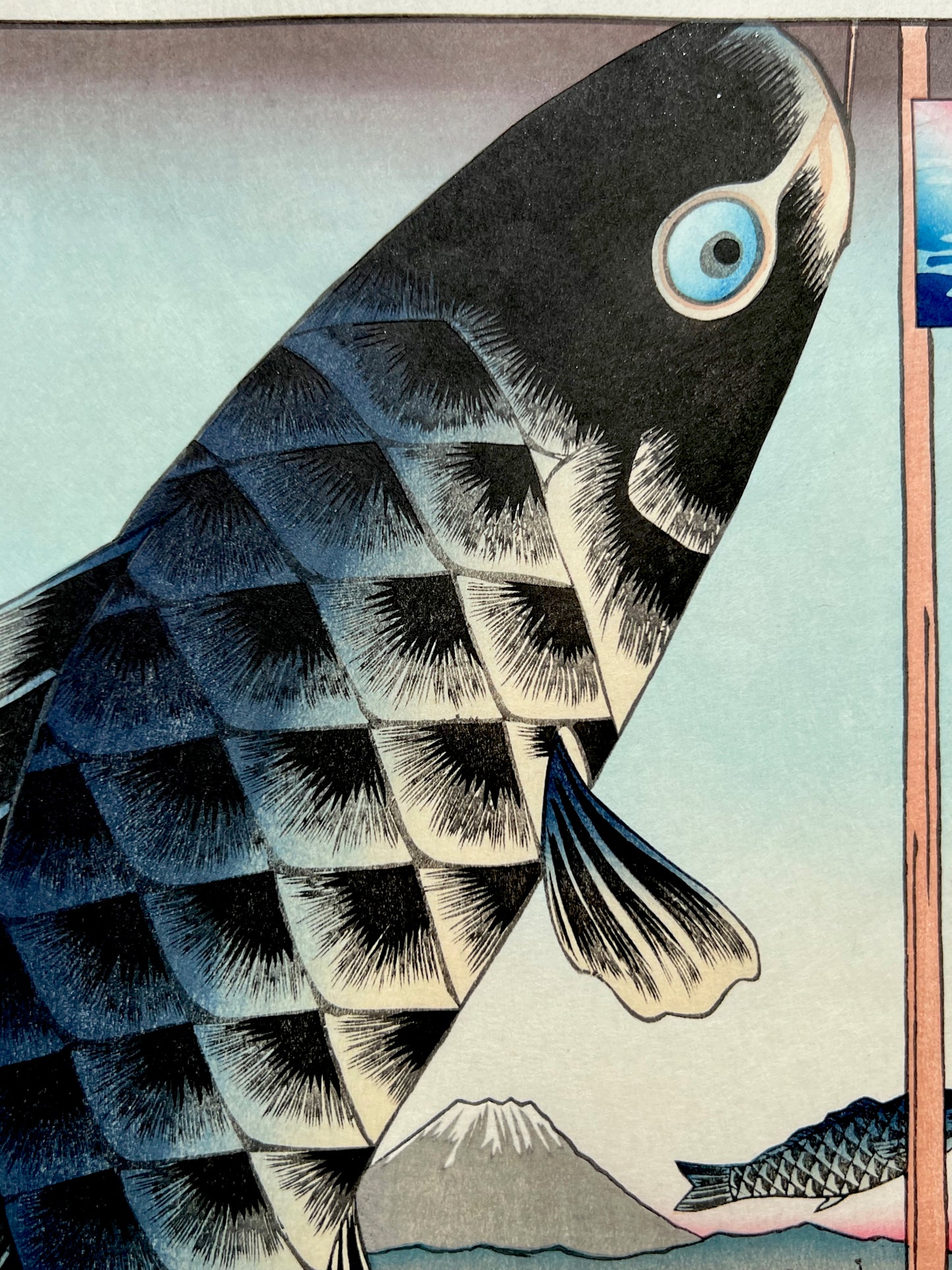 estampe japonaise carpe koi en banniere, la tête du poisson