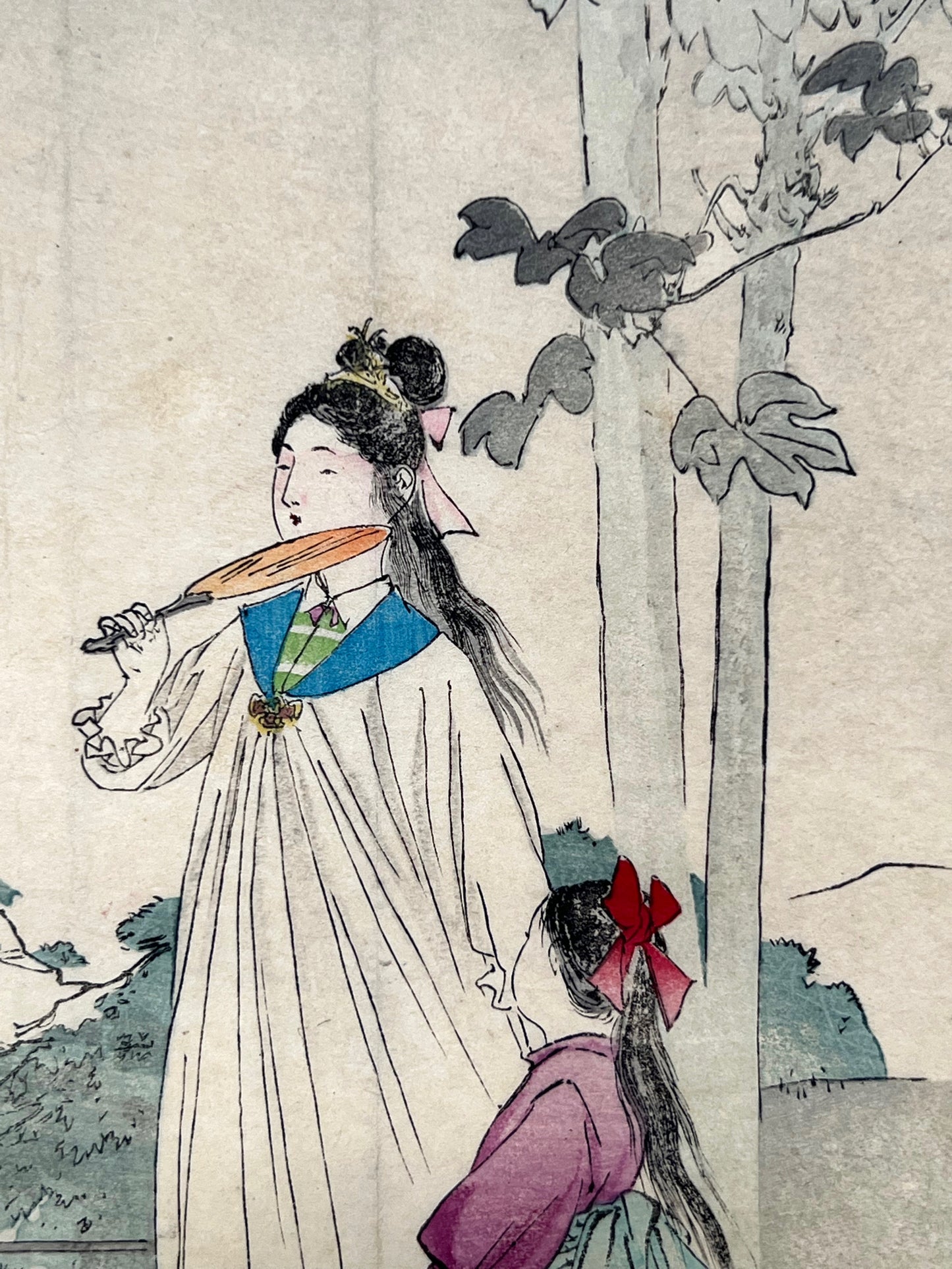 Estampe Japonaise de Kajita Hanko kuchi-e | Jeunes beautés à l'éventail détail