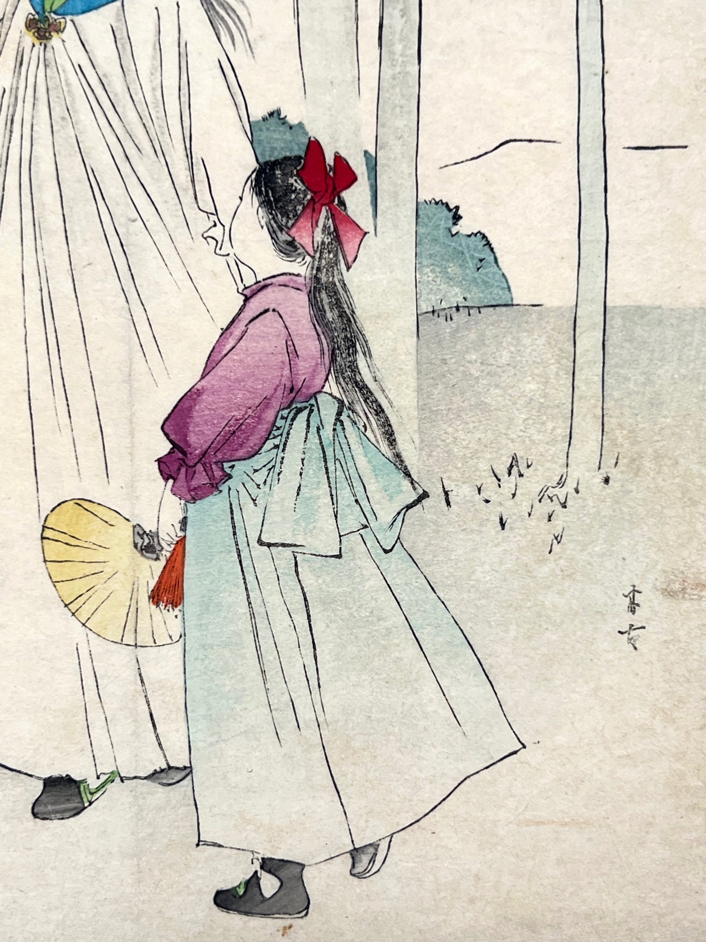 Estampe Japonaise de Kajita Hanko kuchi-e | Jeunes beautés à l'éventail signature