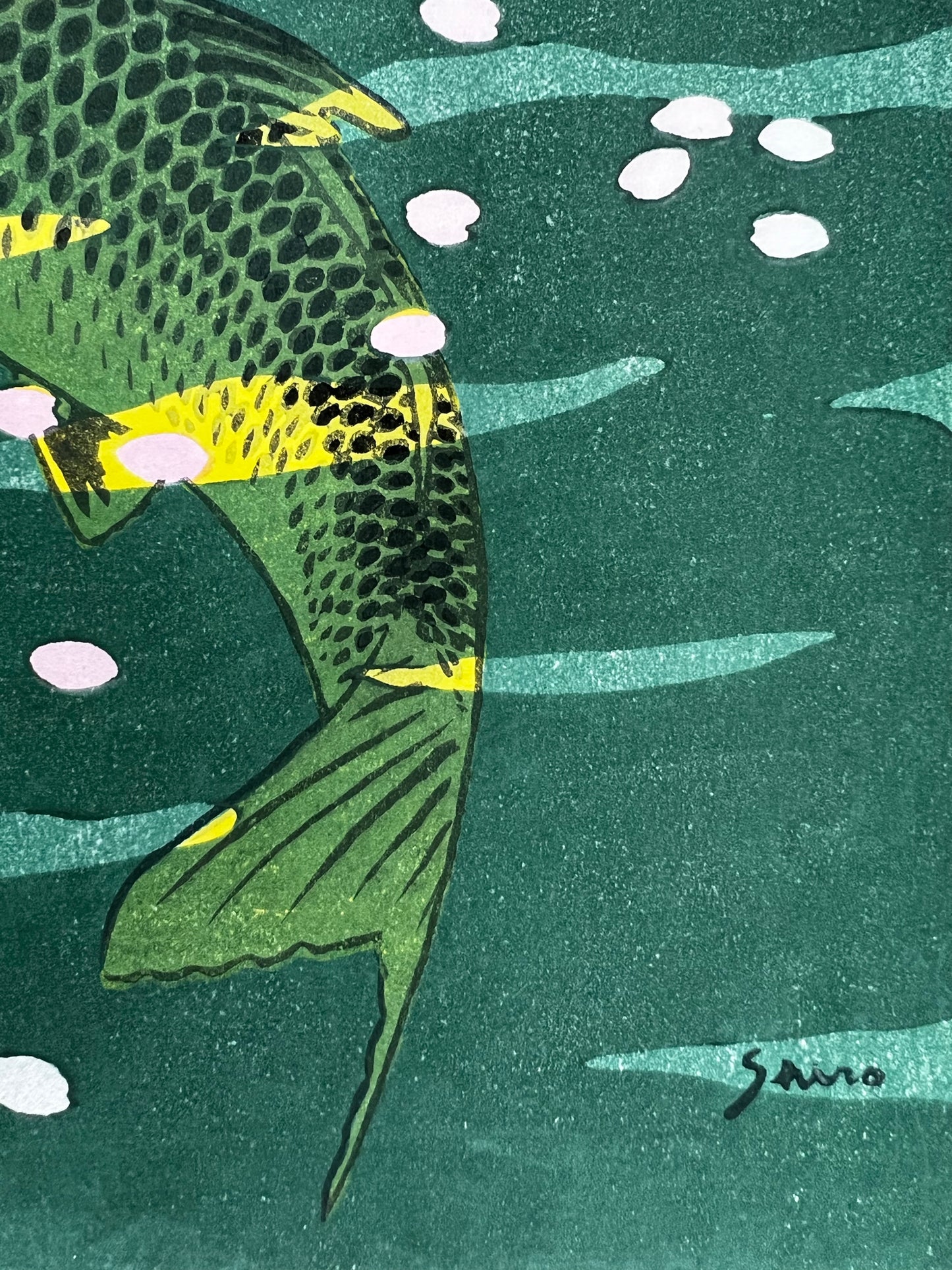 estampe japonaise deux carpes Koi sous l'eau des pétales de fleurs de cerisiers flottent à la surface, la queue du poisson