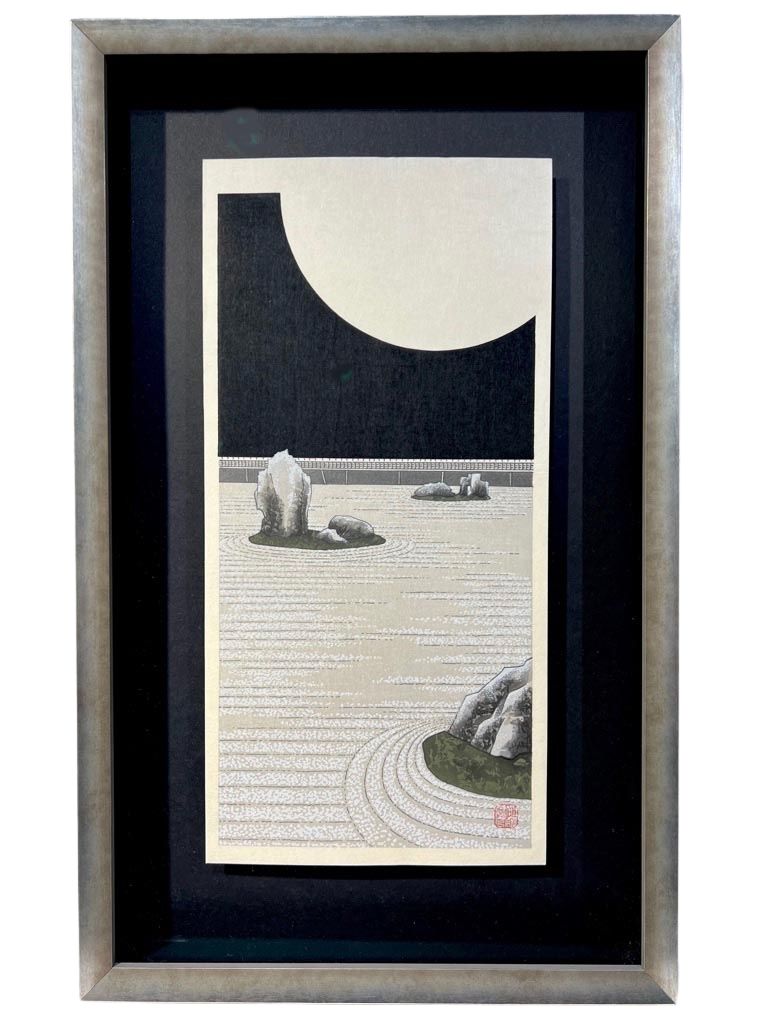 estampe japonaise jardin zen minéral une nuit de pleine lune, modèle d'encadrement